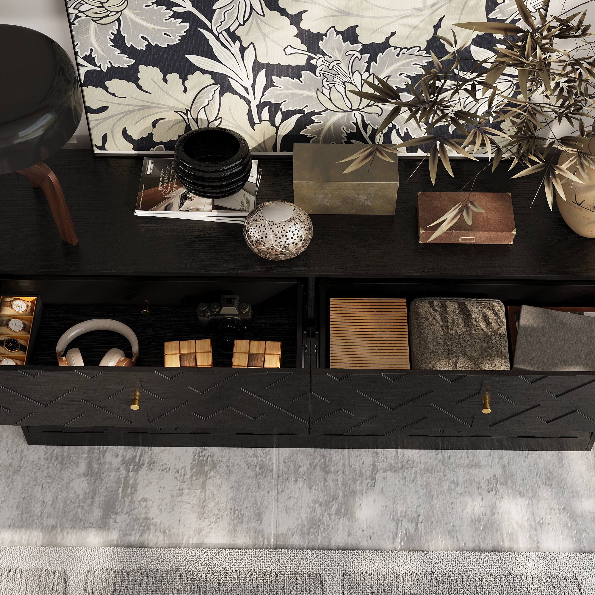 Alt View 1. Famapy - Famapy Textured 6 - Drawer Dresser: Wood - Grain Finish with Embossed Patterns - Black.