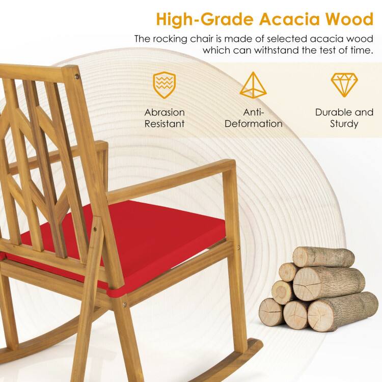 High-Grade Acacia Wood  
The rocking chair is made of selected acacia wood which can withstand the test of time.  
Abrasion Resistant  
Anti-Deformation  
Durable and Sturdy