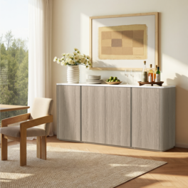ModernMate - 67"W Modern Sideboard Buffet Cabinet Faux Travetine Kitchen Dining Storage with 4 Cabinets & Adjustable Shelves - Natural Grey