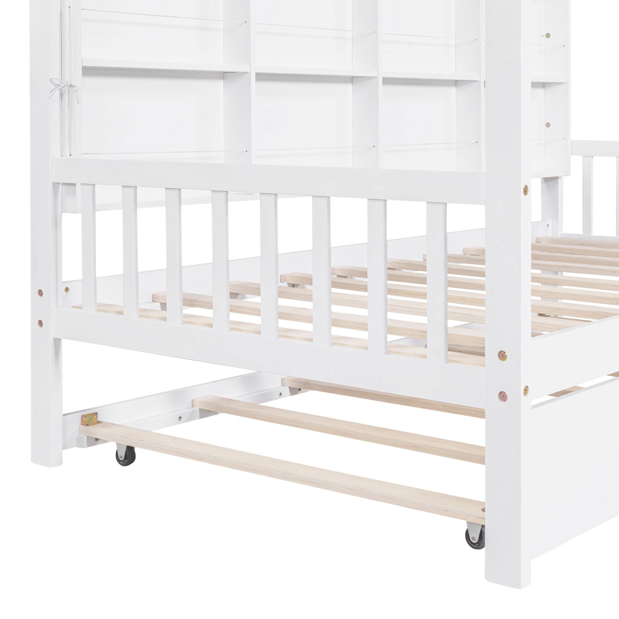 Alt View 6. GOODSILO - Wooden Twin Size Playhouse Bed with Trundle and Storage Shelf for Kids, Sturdy and Space-Saving Design - White.