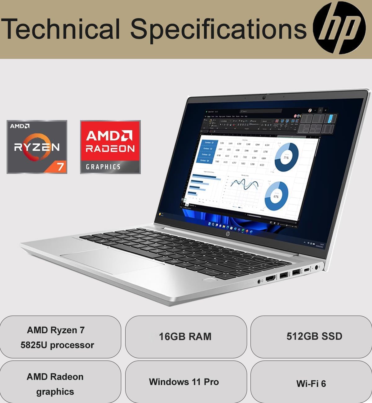 Technical Specifications  
- AMD Ryzen 7 5825U processor  
- 16GB RAM  
- 512GB SSD  
- AMD Radeon graphics  
- Windows 11 Pro  
- Wi-Fi 6