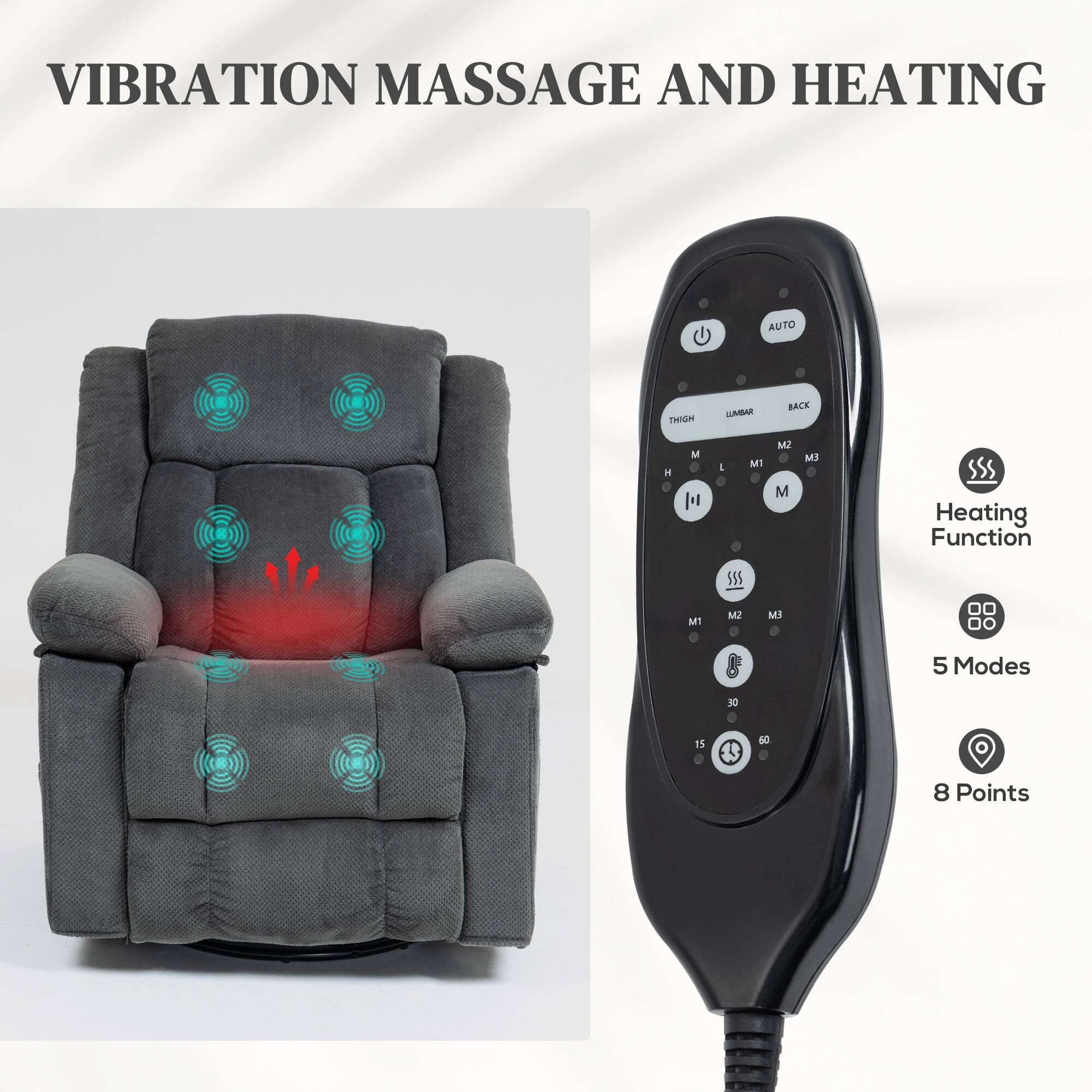 VIBRATION MASSAGE AND HEATING AUTO THIGH LUMBAR BACK M1 M2 M3 Heating Function 5 Modes 8 Points