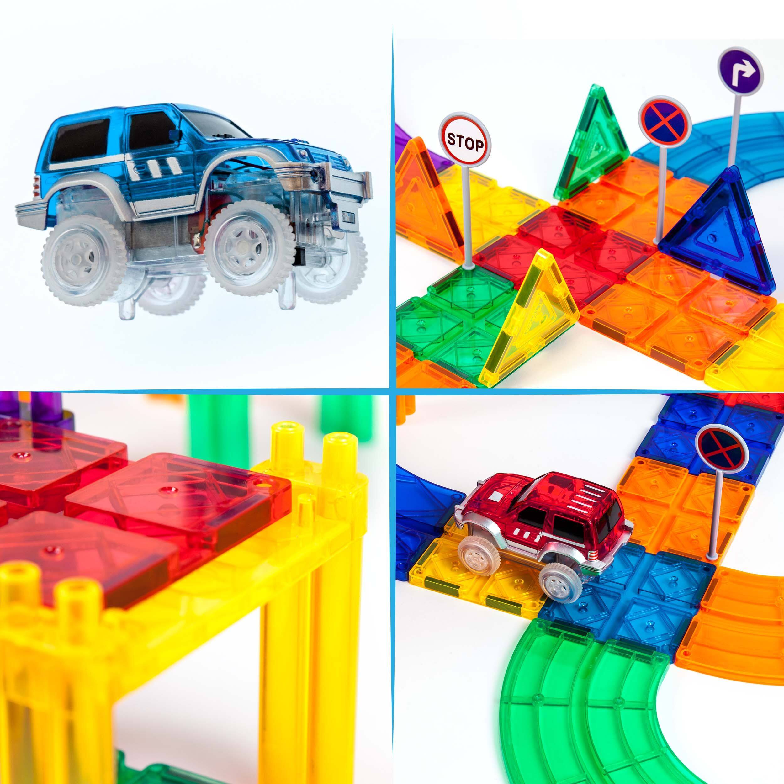 Alt View 4. PicassoTiles - PICASSO-TILES Race Track Magnetic Tiles for Kids, 80PCS with 2 Racing Cars, STEM Building Blocks Educational Toy - Multicolor.