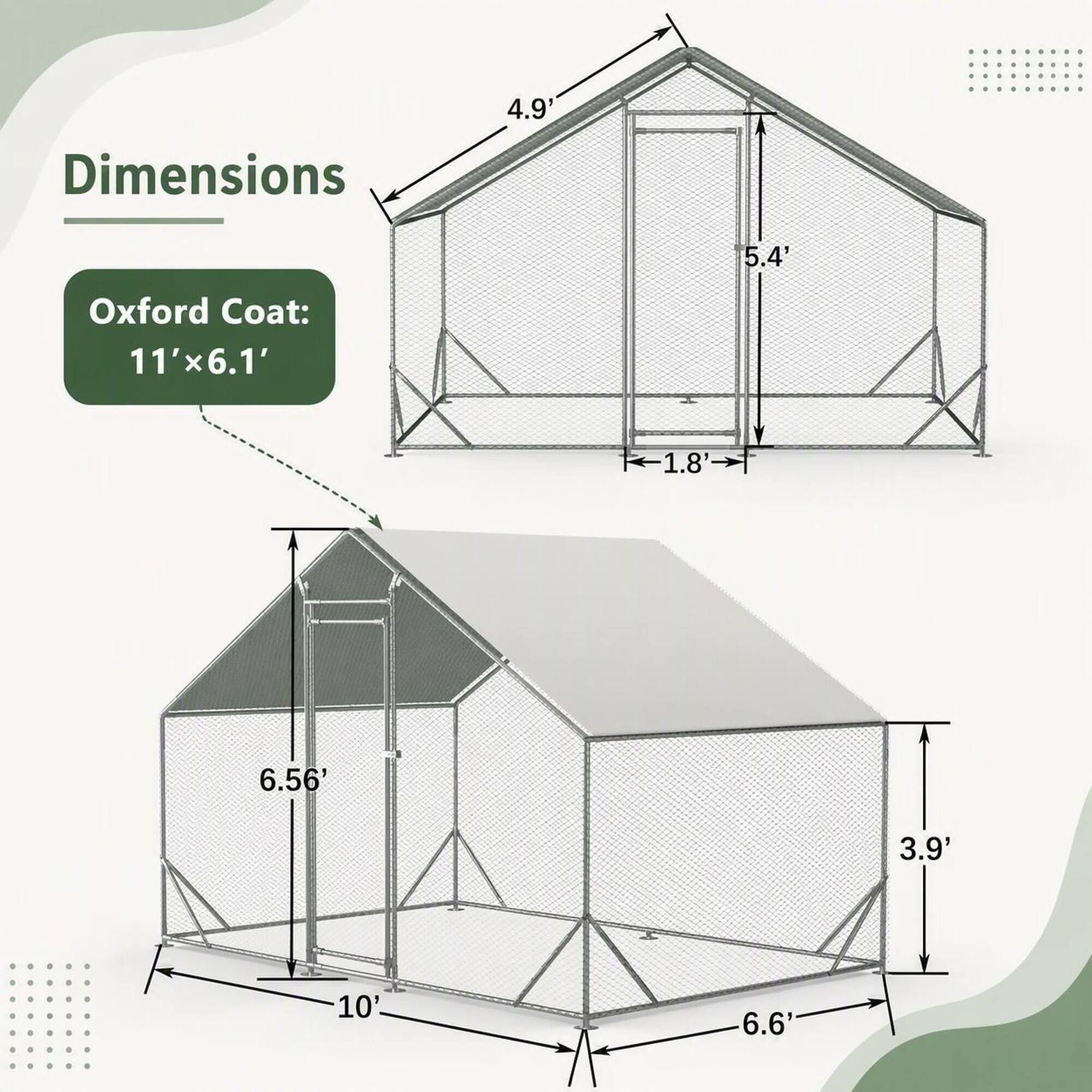 4.9

Dimensions
5.4'
Oxford Coat: 11'x6.1'
1.8'
6.56'
3.9'
10'
6.6'