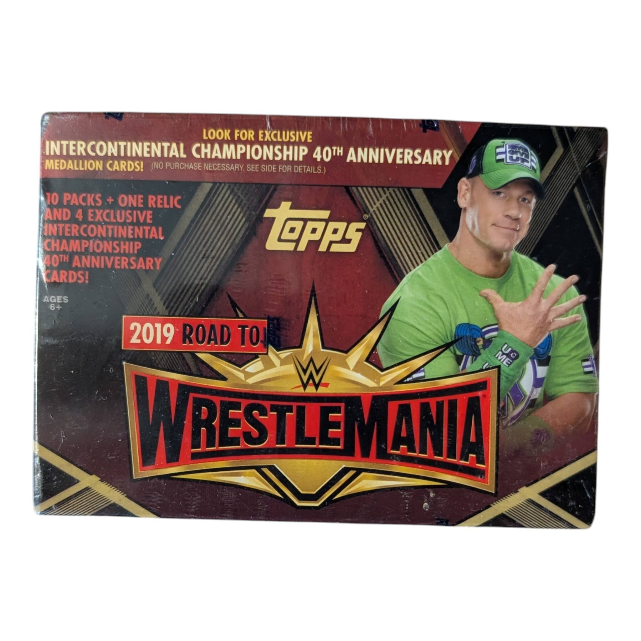 Look for exclusive Intercontinental Championship 40th Anniversary Medallion Cards! No purchase necessary. See side for details. 10 packs + one relic and 4 exclusive Intercontinental Championship Topps 40th Anniversary cards! Ages 6+ 2019 Road to WrestleMania