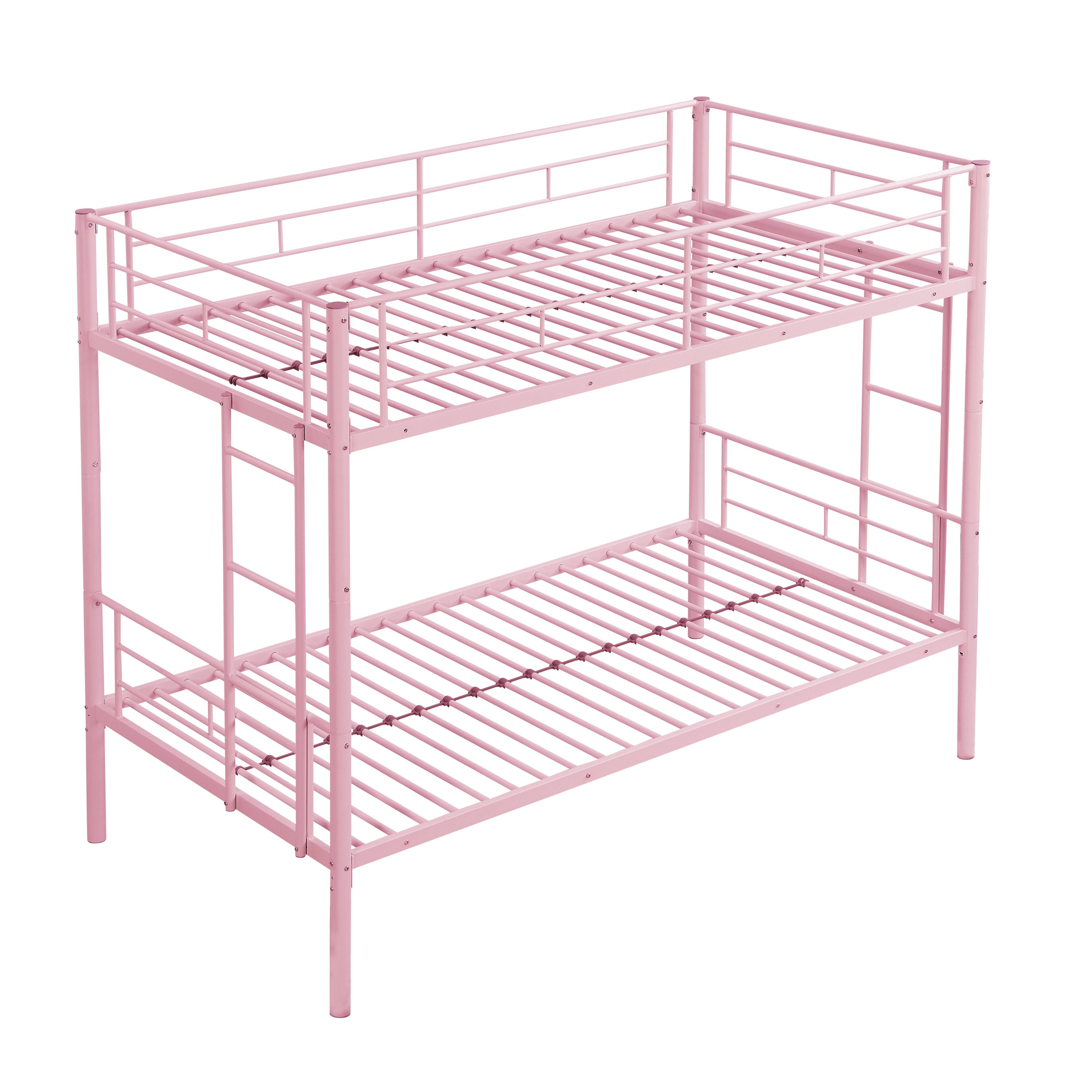 Boyel Living - Twin Over Twin Metal Bunk Bed, No Box Spring Needed, Easy Assembly - Pink