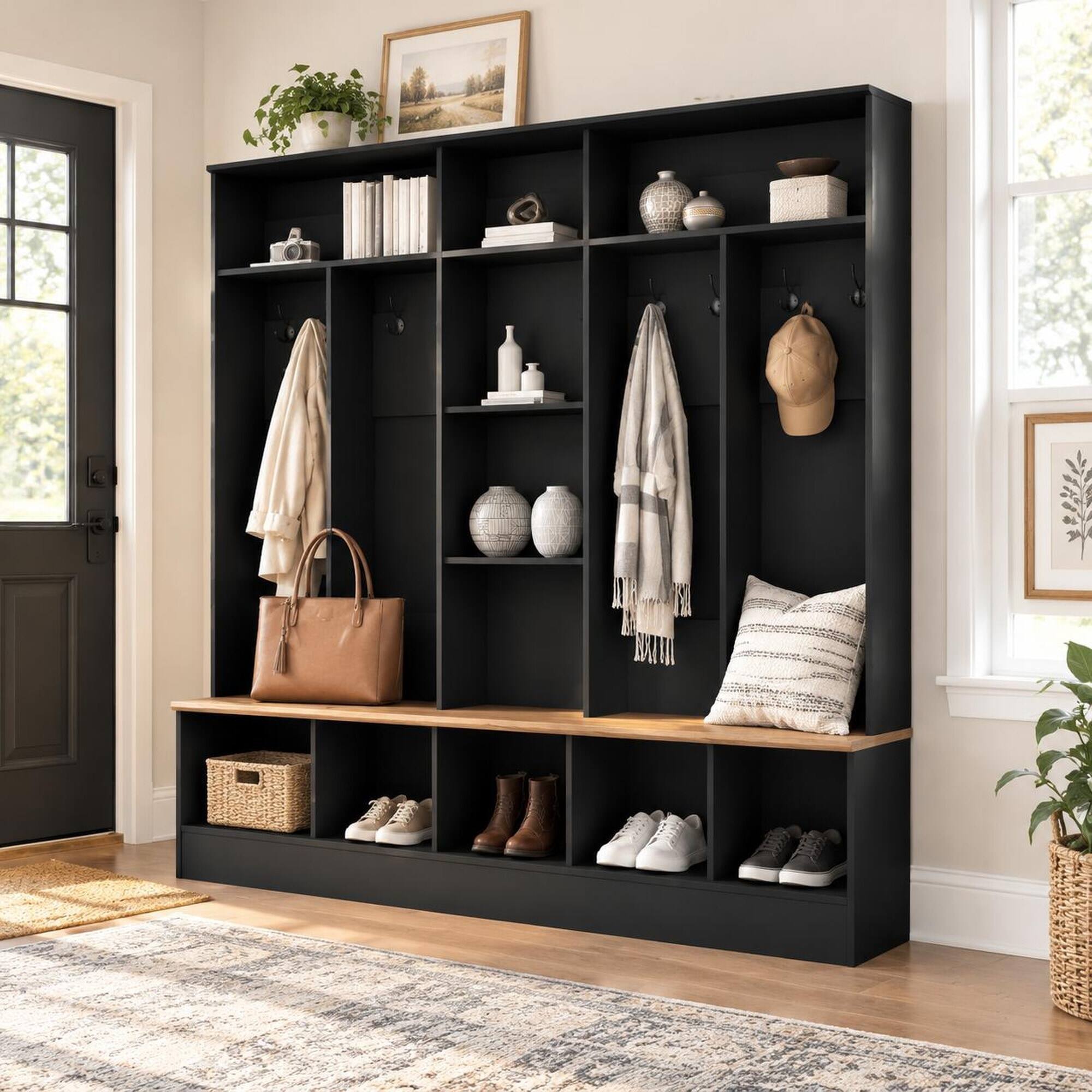 Angle. RYHNUYNE - ON-TREND Wide Hall Tree, Storage Bench, Shoe Cabinet, 8 Hooks, 66.9 in, Black, for Entryway - Black.