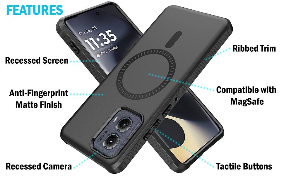 FEATURES  
Sep 23 Thu, 11:35  
www.GSMArena.com  
27°C, Chicago  

- Recessed Screen  
- Ribbed Trim  
- Anti-Fingerprint Matte Finish  
- Compatible with MagSafe  
- Recessed Camera  
- Tactile Buttons