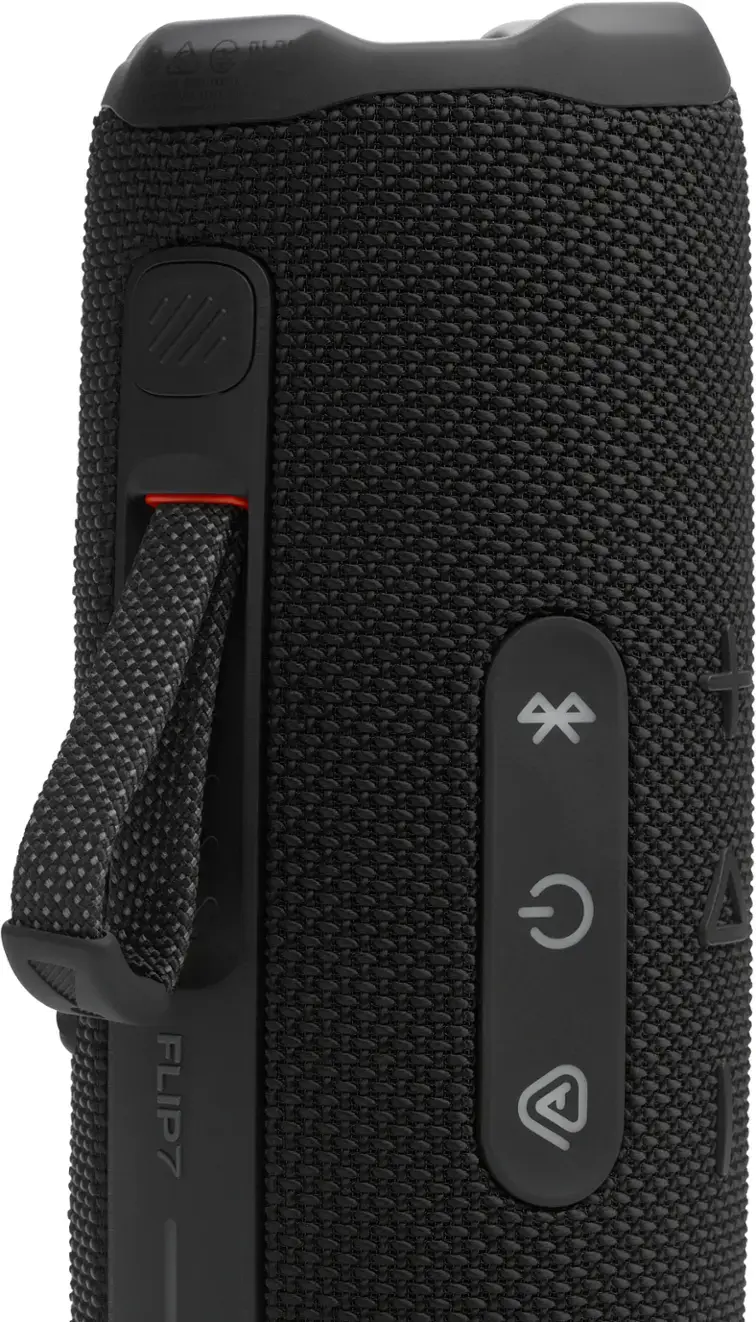 A black Flip 7 cell phone with a black strap.