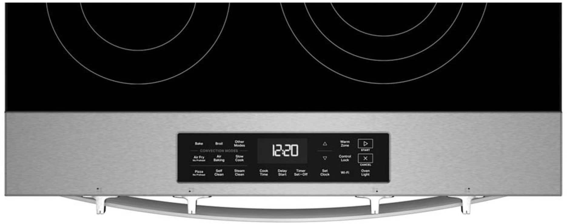 Sure, here is the corrected and grouped text from the image:
**Bake**
- Bake
- Broil
- Grill
- Conv. Modes
- Air Fry
- Air Slow
- Baking
- Cook
- Pizza
- Self
- Steam
- Clean
- Clean
**CONVECTION MODES**
- Air Fry
- Air Slow
- Baking
- Cook
- Pizza
- Self
- Steam
- Clean
**12:20**
**Warm Zone**
- Control Lock
- WI-FI
**Timer**
- Delay Timer
- Time Start
- Set Clock
**Oven Light**
- START
- CANCEL
**Oven Light**