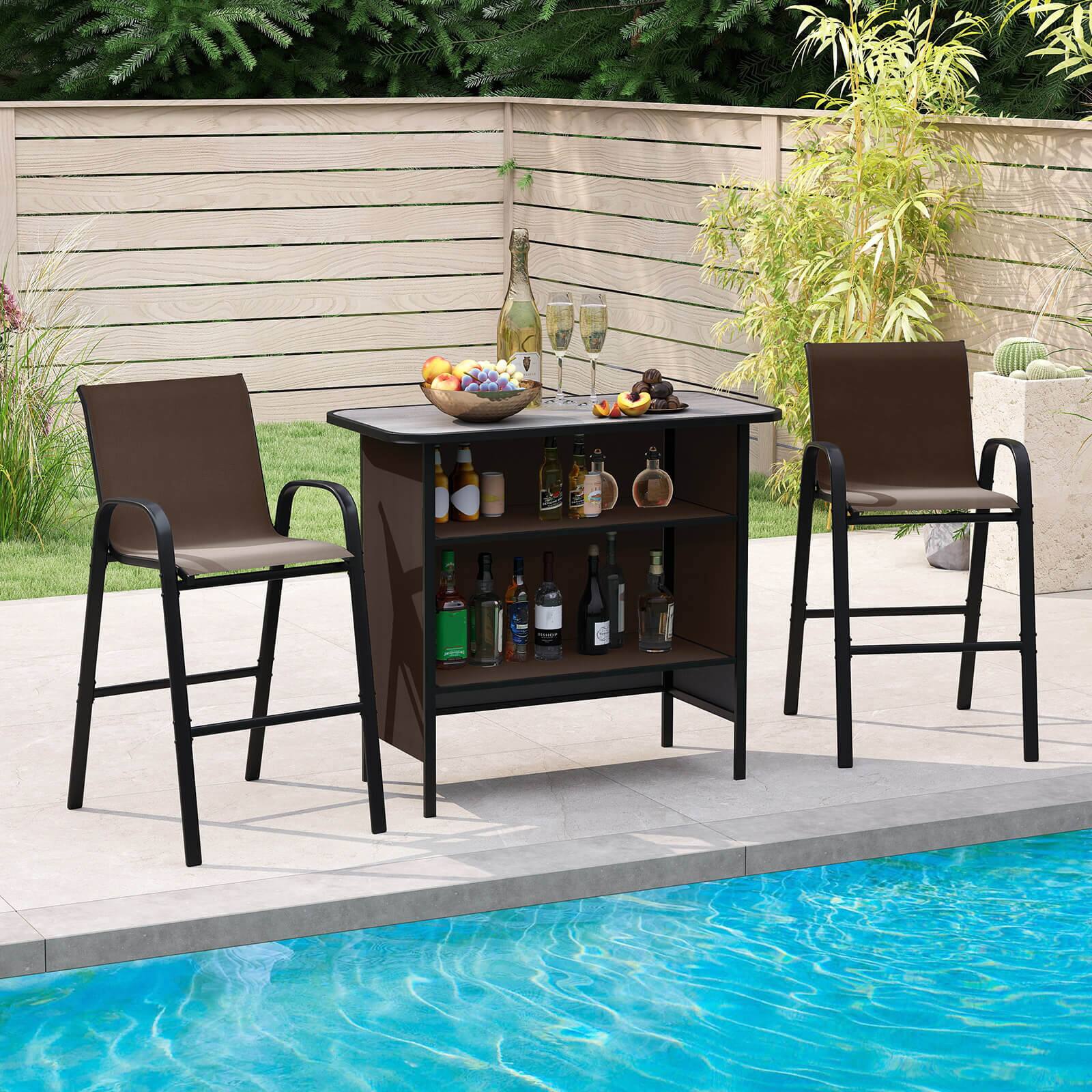 Alt View 4. Costway - Costway 3 PCS Outdoor Bar Set Bar Height Table & Armchairs with Footrest 2-Tier Shelf - Brown.