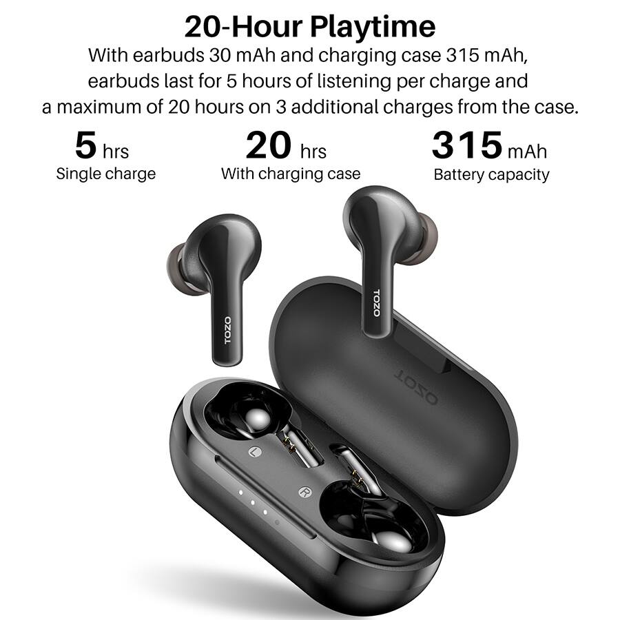 20-Hour Playtime
With earbuds 30 mAh and charging case 315 mAh, earbuds last for 5 hours of listening per charge and a maximum of 20 hours on 3 additional charges from the case.

5 hrs
20 hrs
315 mAh

Single charge
With charging case
Battery capacity
TOZO
TOZO
TOZO