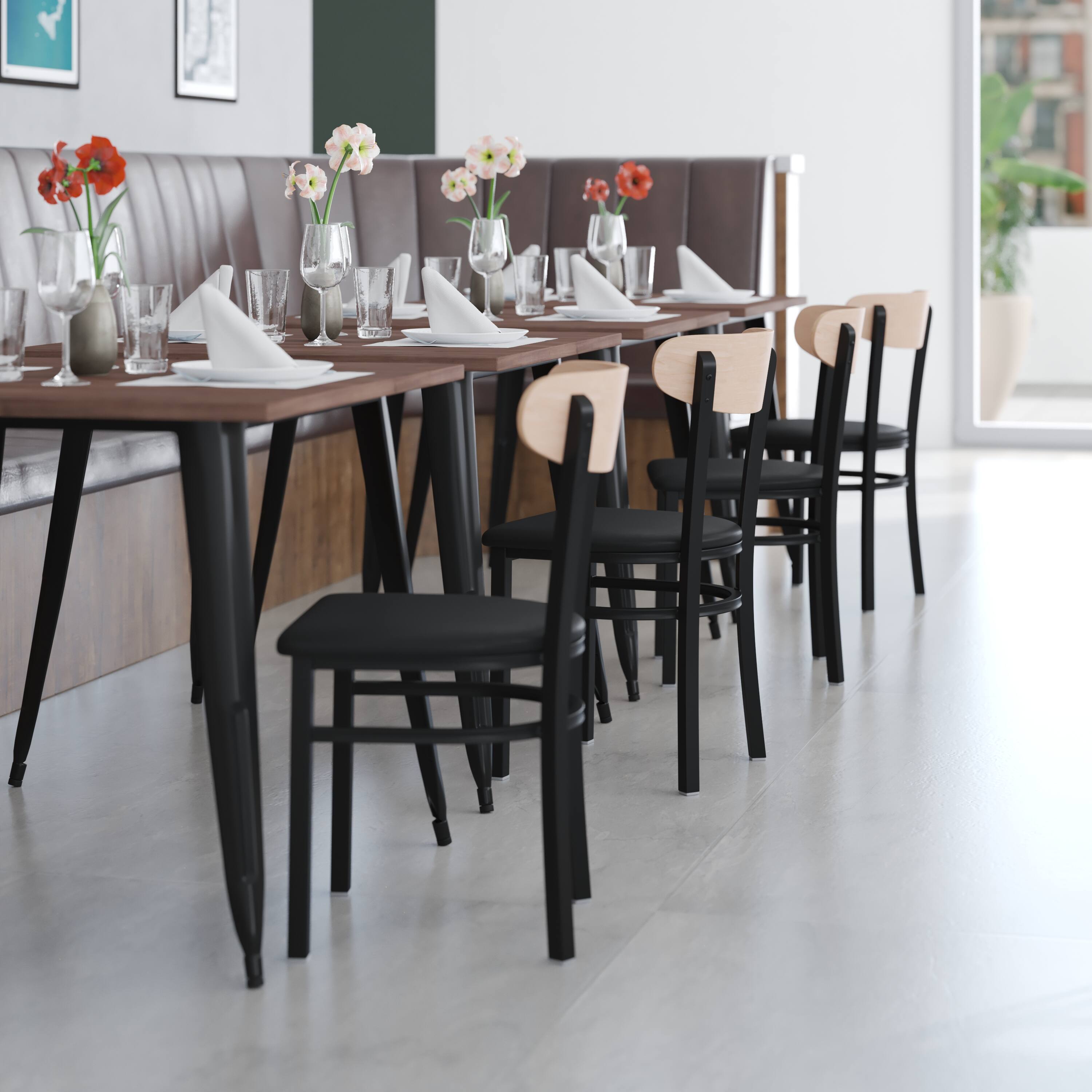 Alt View 4. Emma + Oliver - Yara Industrial Dining Chair with Rolled Steel Frame and Solid Wood Seat - 500 lbs. Static Weight Capacity - Natural Birch Wood Back/Black Vinyl Seat.