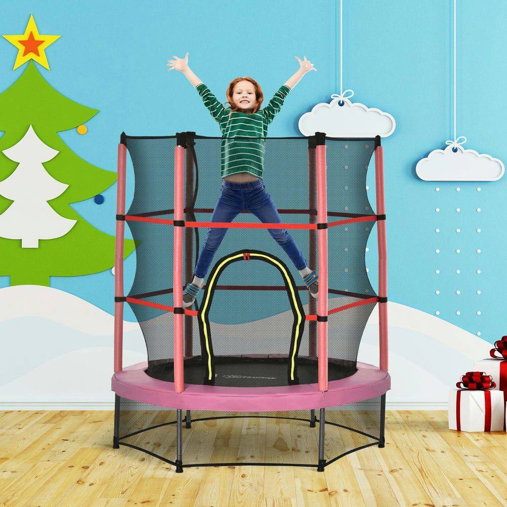 Front. Resenkos - 4.6-Ft Children's Trampoline with Basketball Hoop and Safety Net - Red - Pink.