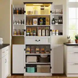 Homcom - LED Kitchen Pantry Cabinet, Farmhouse Storage Cabinet with Door Shelves - White