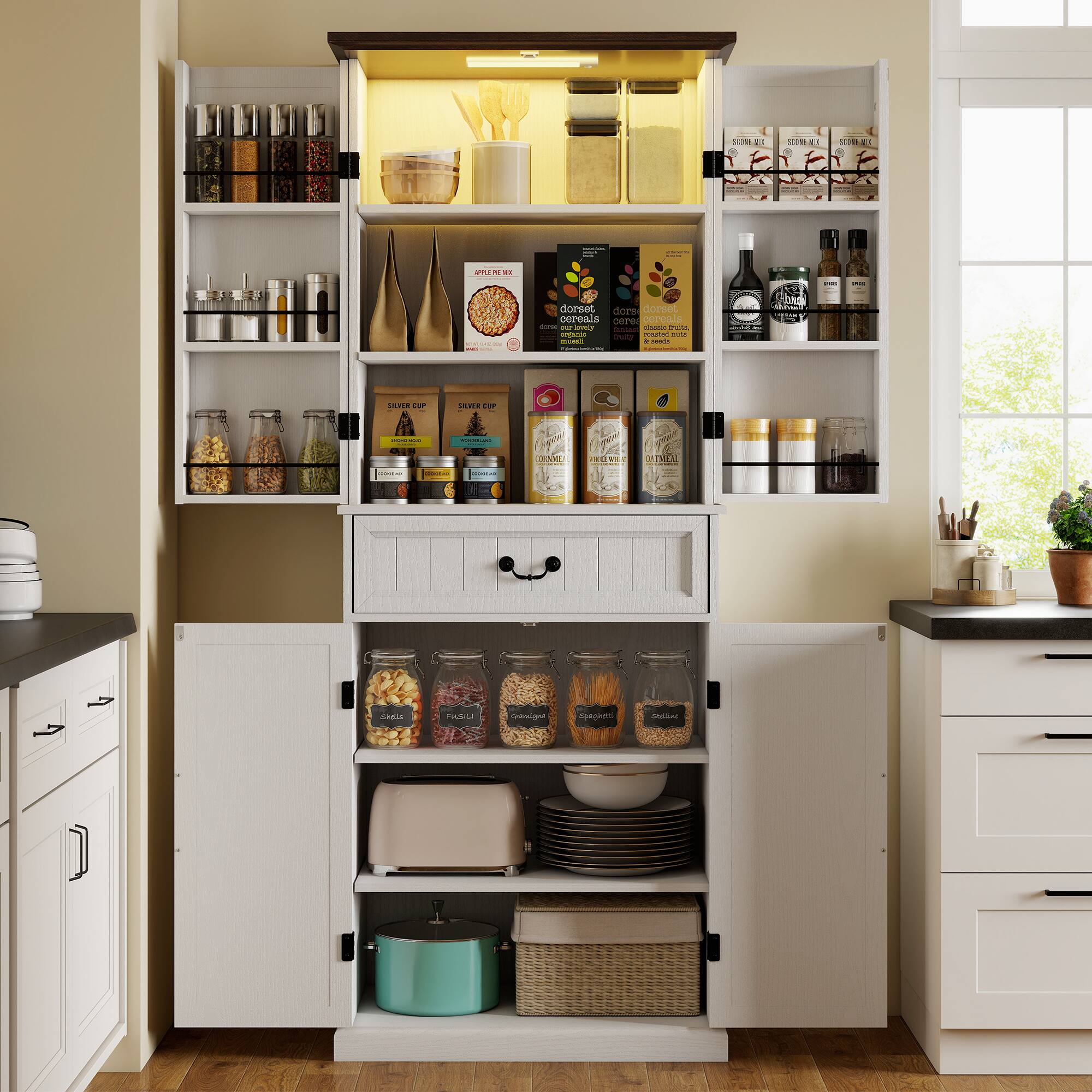 Homcom - LED Kitchen Pantry Cabinet, Farmhouse Storage Cabinet with Door Shelves - White