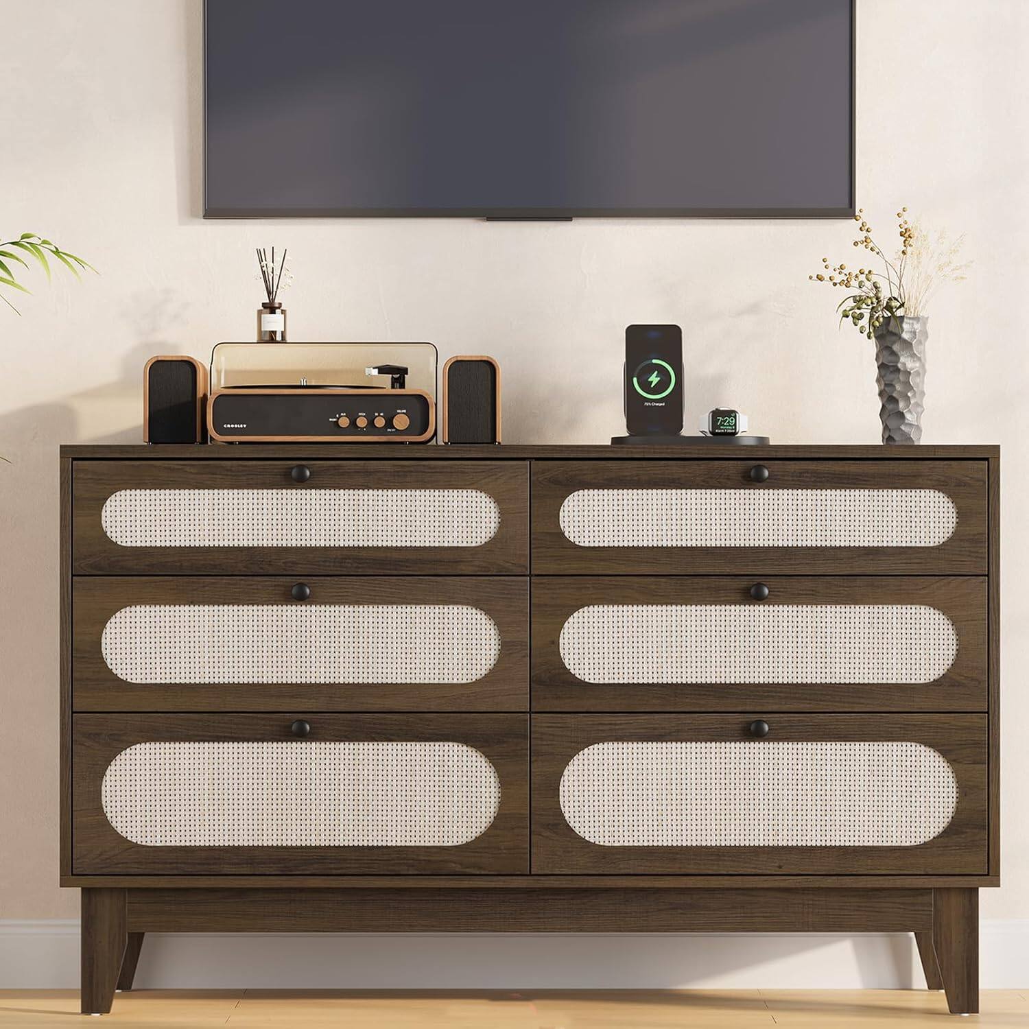 Alt View 4. Qeetex - Coffee Brown Rattan 6-Drawer Dresser, Oak Storage Cabinet for Entryway, Bedroom, Living Room & Hallway - Coffee Brown.