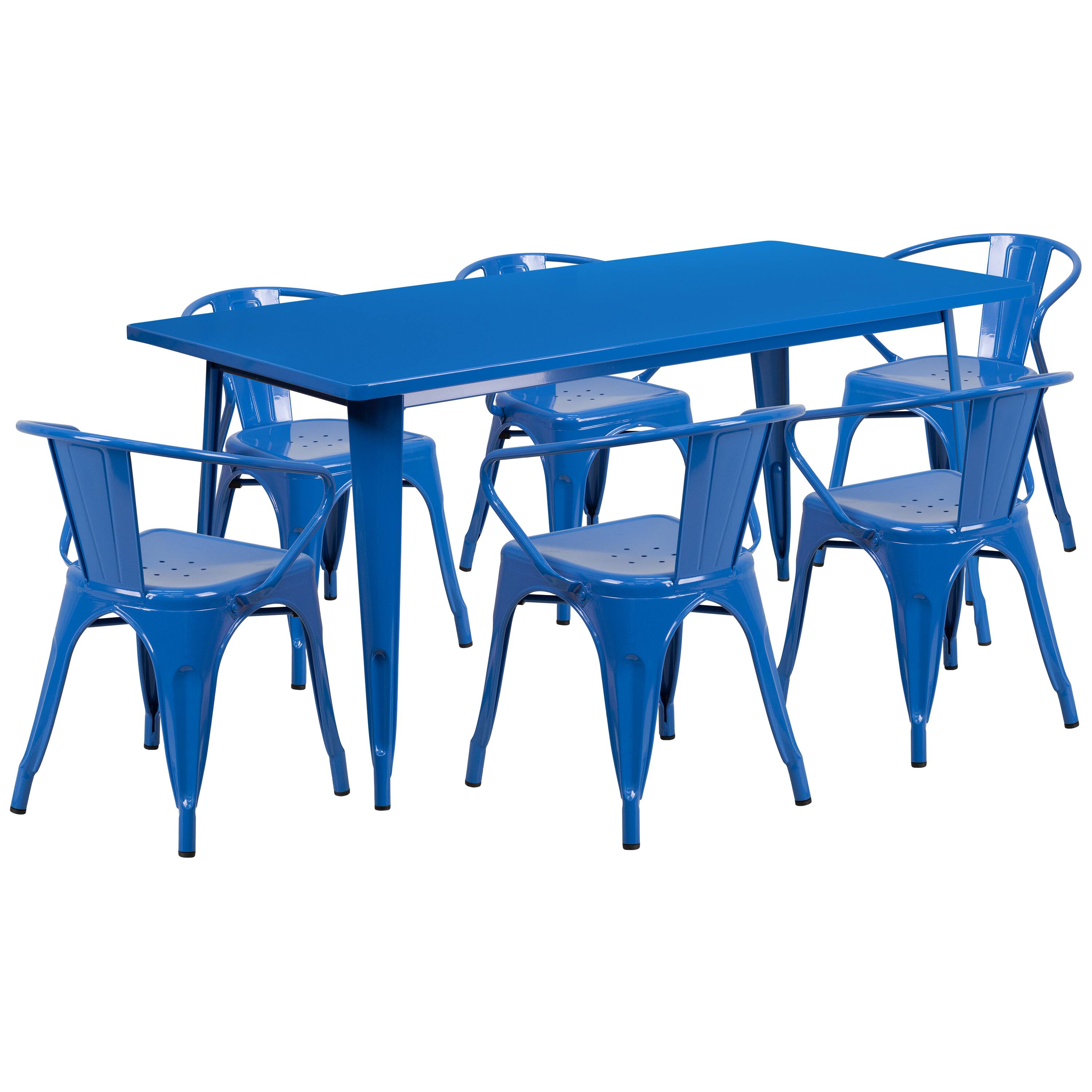 Alt View 1. Emma + Oliver - Commercial Grade Rectangular Metal Indoor-Outdoor Table Set with 6 Arm Chairs - Blue.