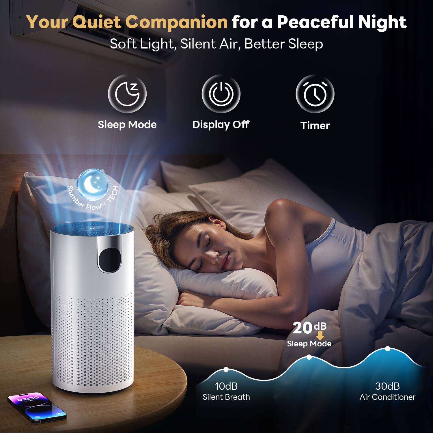 Your Quiet Companion for a Peaceful Night  
Soft Light, Silent Air, Better Sleep

- Sleep Mode
- Display Off
- Timer

Slumber Flow TECH

- 20dB Sleep Mode
- 10dB Silent Breath
- 30dB Air Conditioner