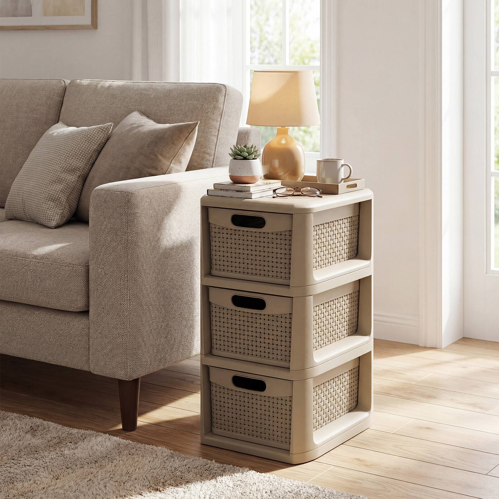 Alt View 1. Costway - Costway 2 PCS 3-Drawer Storage File Organizer Box with Wicker Patterns, Handles for Bedroom, Bathroom - Tan.