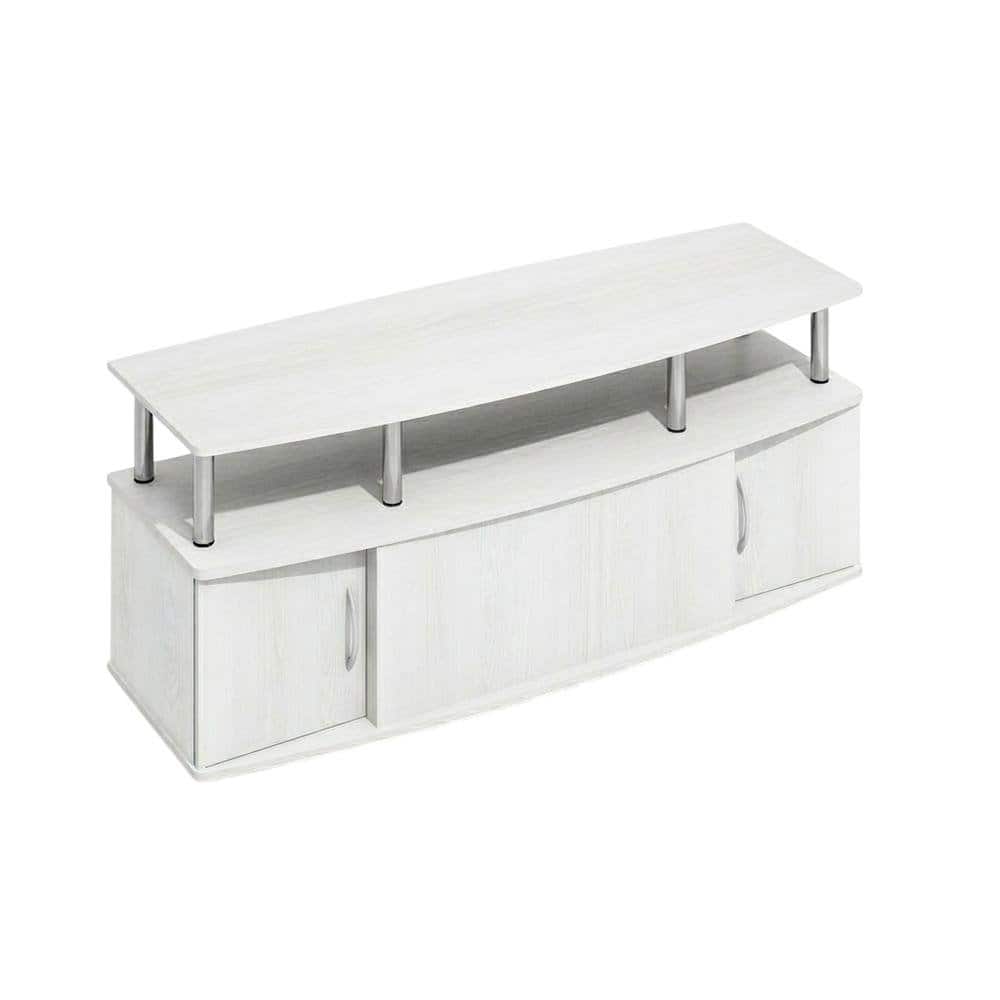 FurniFact - White wood entertainment center for TVs up to 55 inches with ample storage space - White Wood/Stainless Steel