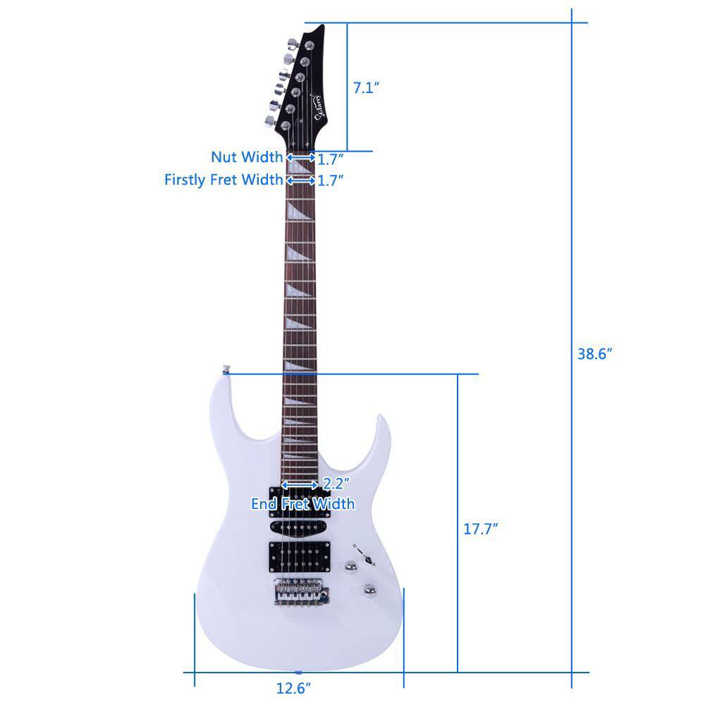 Sure, here is the corrected and grouped text:

- Nut Width: 1.7"
- Firstly Fret Width: 1.7"
- End Fret Width: 2.2"
- Overall Length: 38.6"
- Body Width: 17.7"
- Body Depth: 12.6"