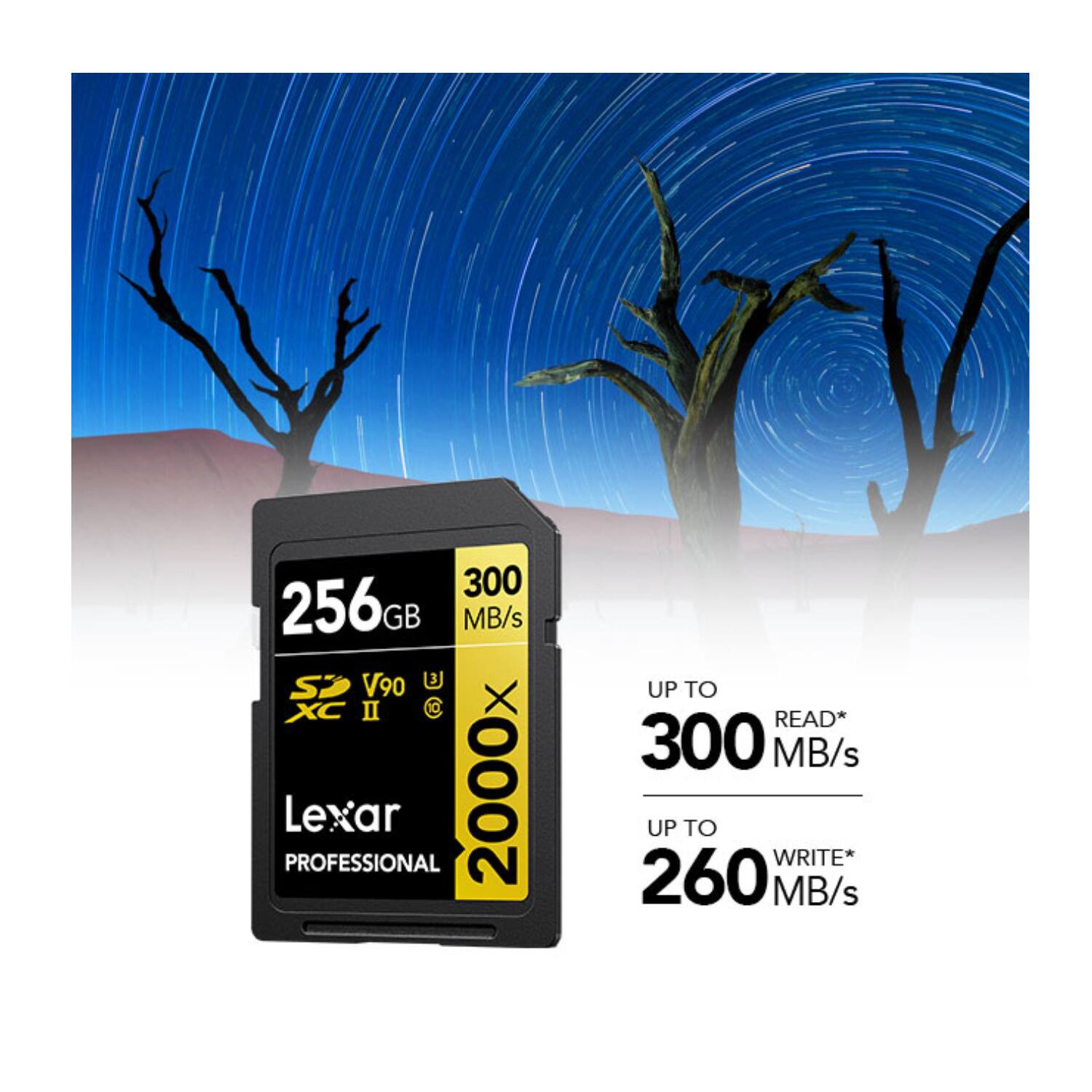 300 MB/s  
256GB  
UP TO READ* 300 MB/s  
UP TO WRITE* 260 MB/s  
Lexar Professional  
2000x  
SDXC II  
V90  
U3