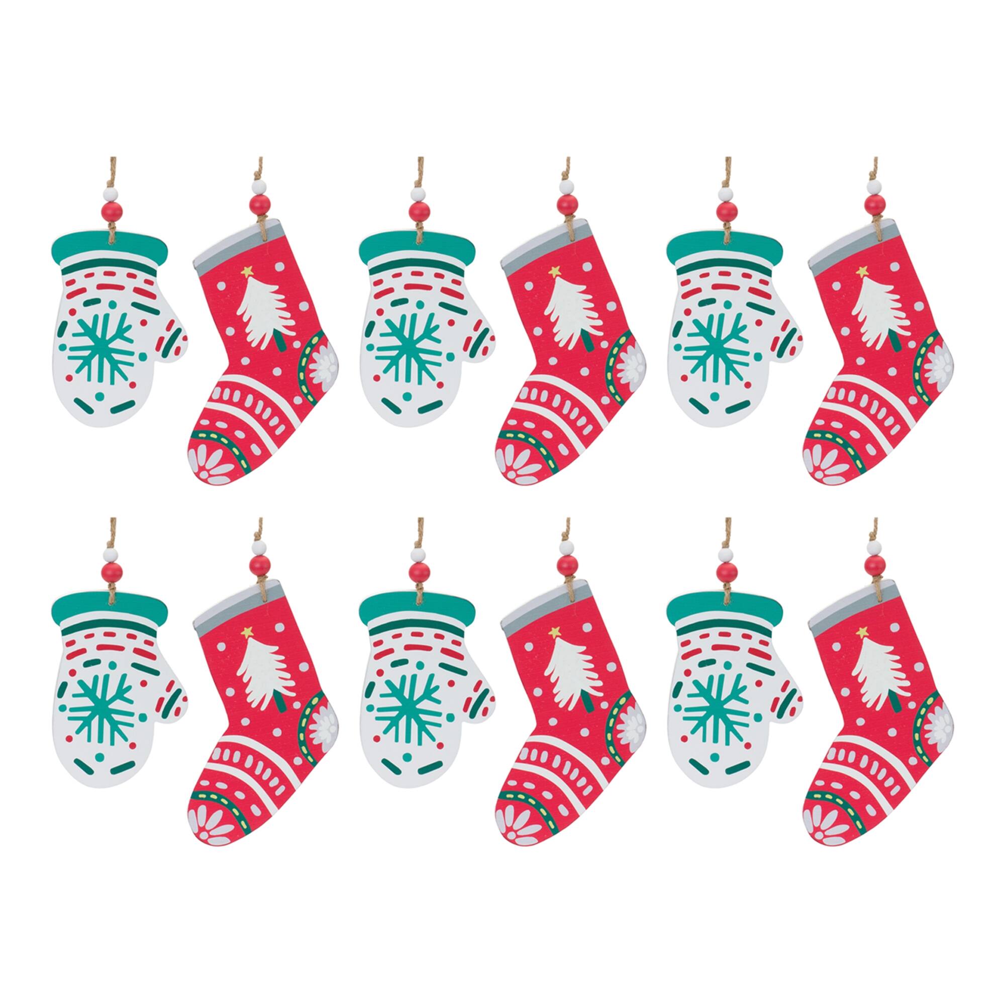 Alt View 2. BreeBe - Wood Mitten and Stocking Ornaments (Set of 12) - Green, Red, White.