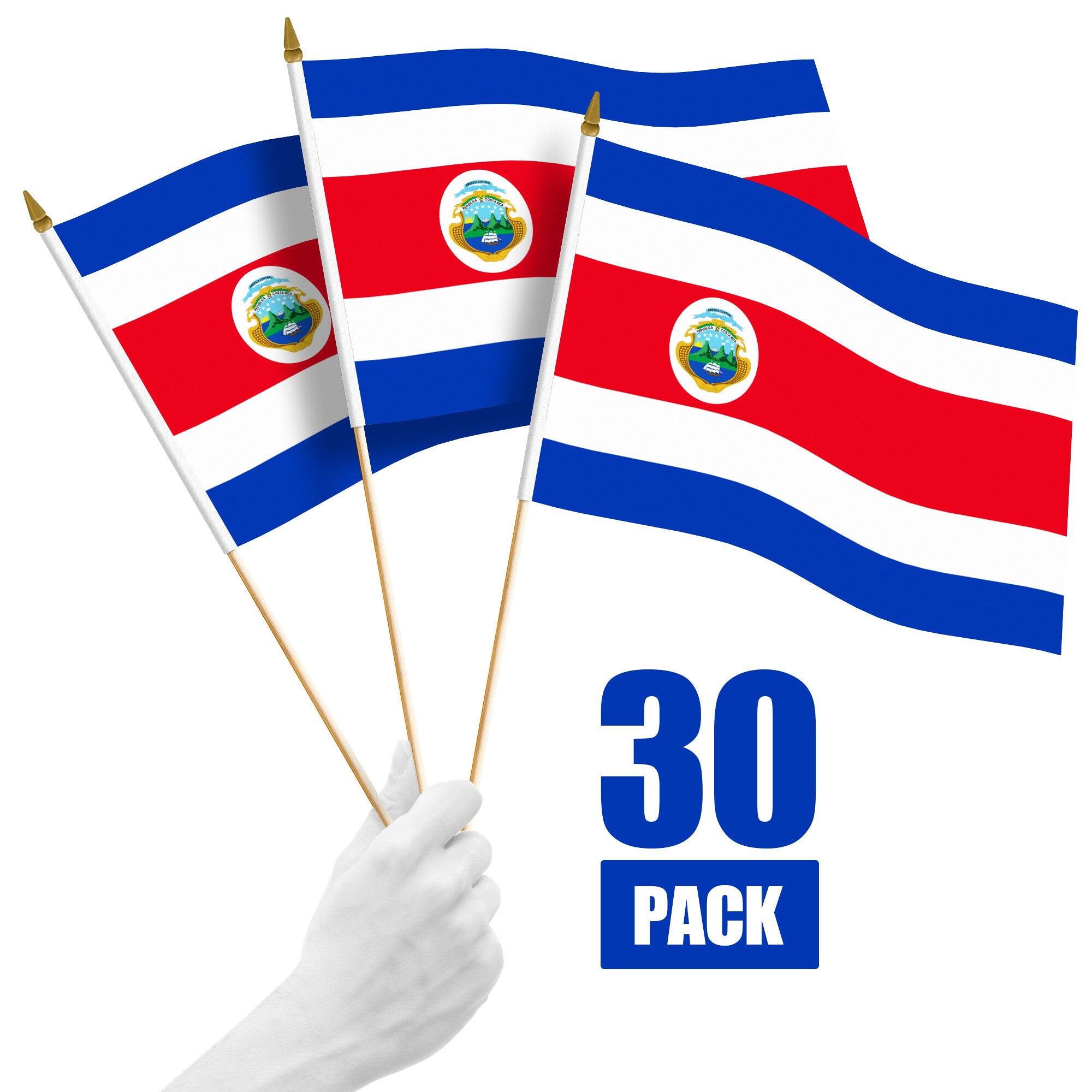 Front. G128 - 30-Pack Handheld Costa Rica Stick Flags, 12 x 18 in — 150D Polyester with Wooden Stick and Gold Spear Tip. - Assorted Colors.