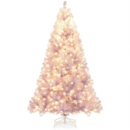Front. Resenkos - Resenkos Medium Pre-Lit Tinsel Artificial Christmas Tree - Lights, Pink - Pink.