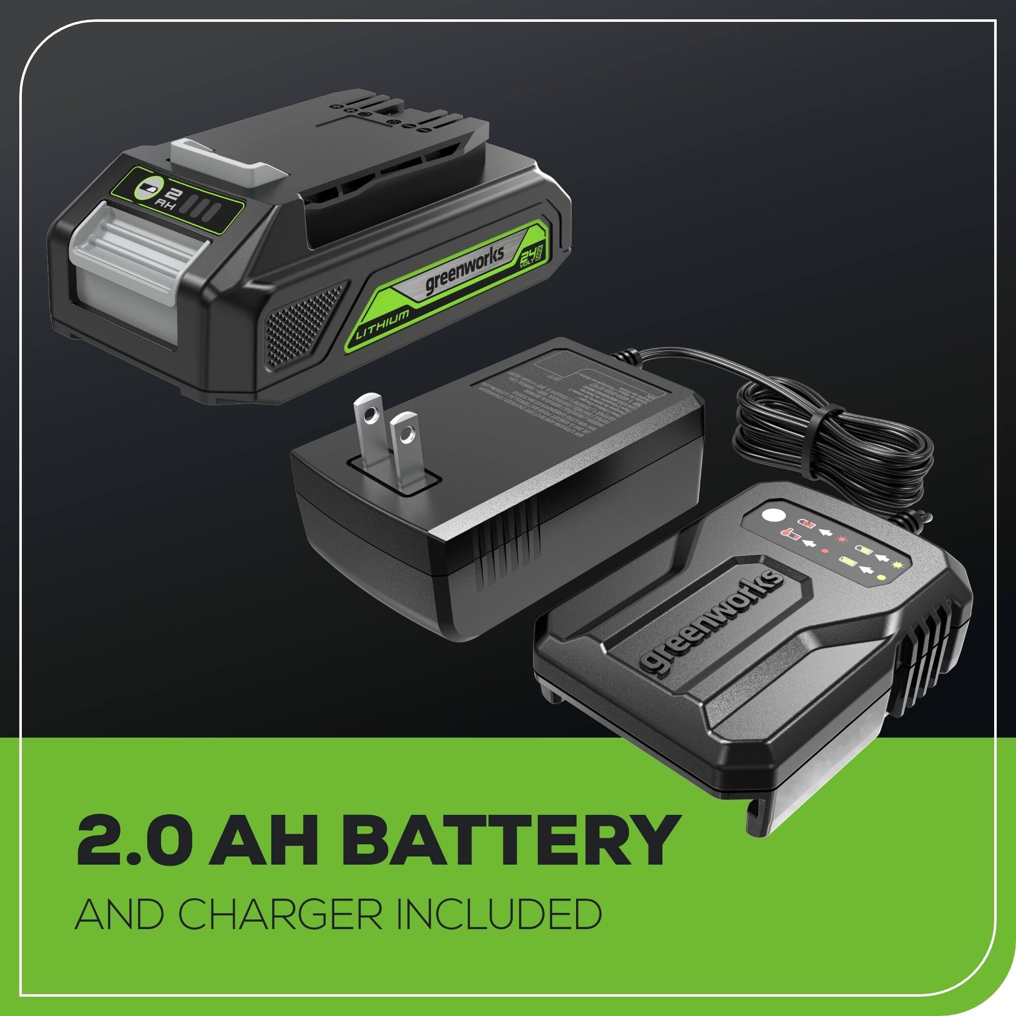 024.000 2 AH " 9 greenworks LITHIUM greenworks 2.0 BATTERY AND CHARGER INCLUDED