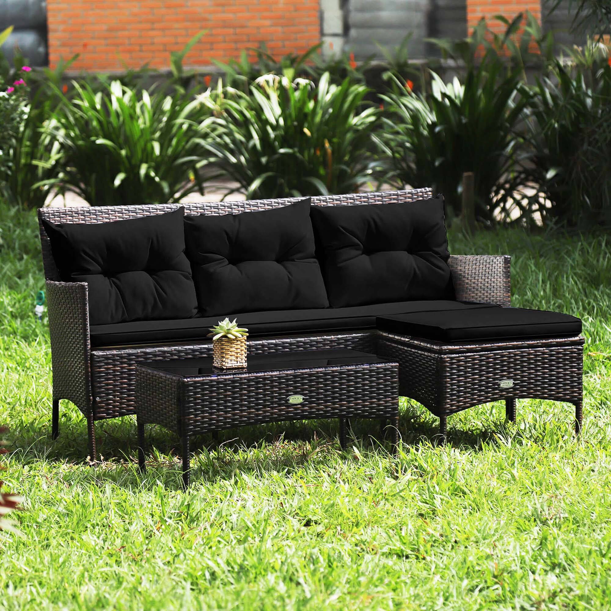 Alt View 4. Costway - Costway 3 PCS Patio Rattan Furniture Set 3-Seat Sofa Cushioned Table Garden - Black.