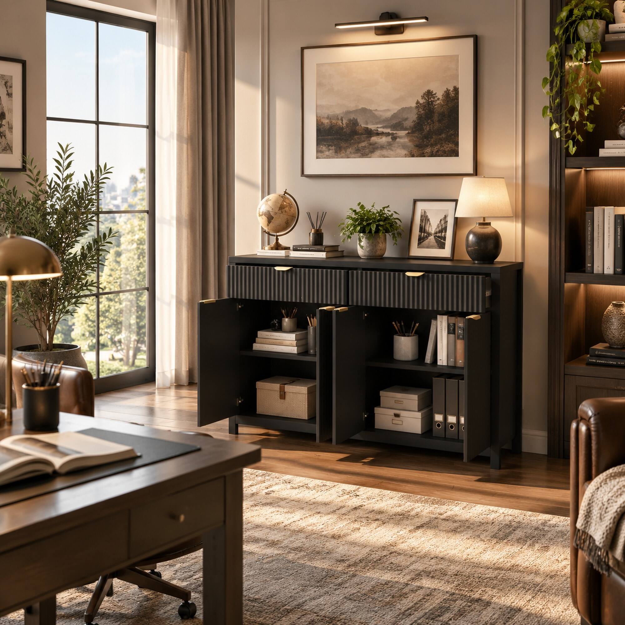 Left. RYHNUYNE - Freestanding 55.1 Inch Sideboard Buffet Cabinet with Adjustable Shelves, 2 Drawers and 4 Doors, Modern - Black.
