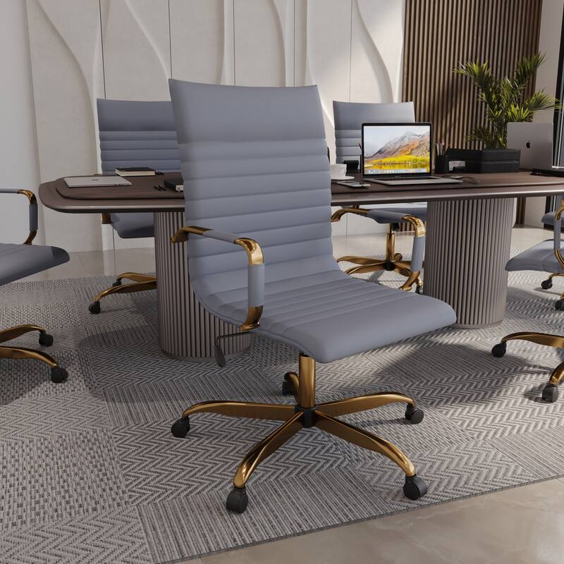 Left. LeisureMod - Harris Ergonomic High-Back Office Chair Leather Upholstery, Adjustable Swivel, Tilt, and Gold Stainless Steel Frame - Grey.