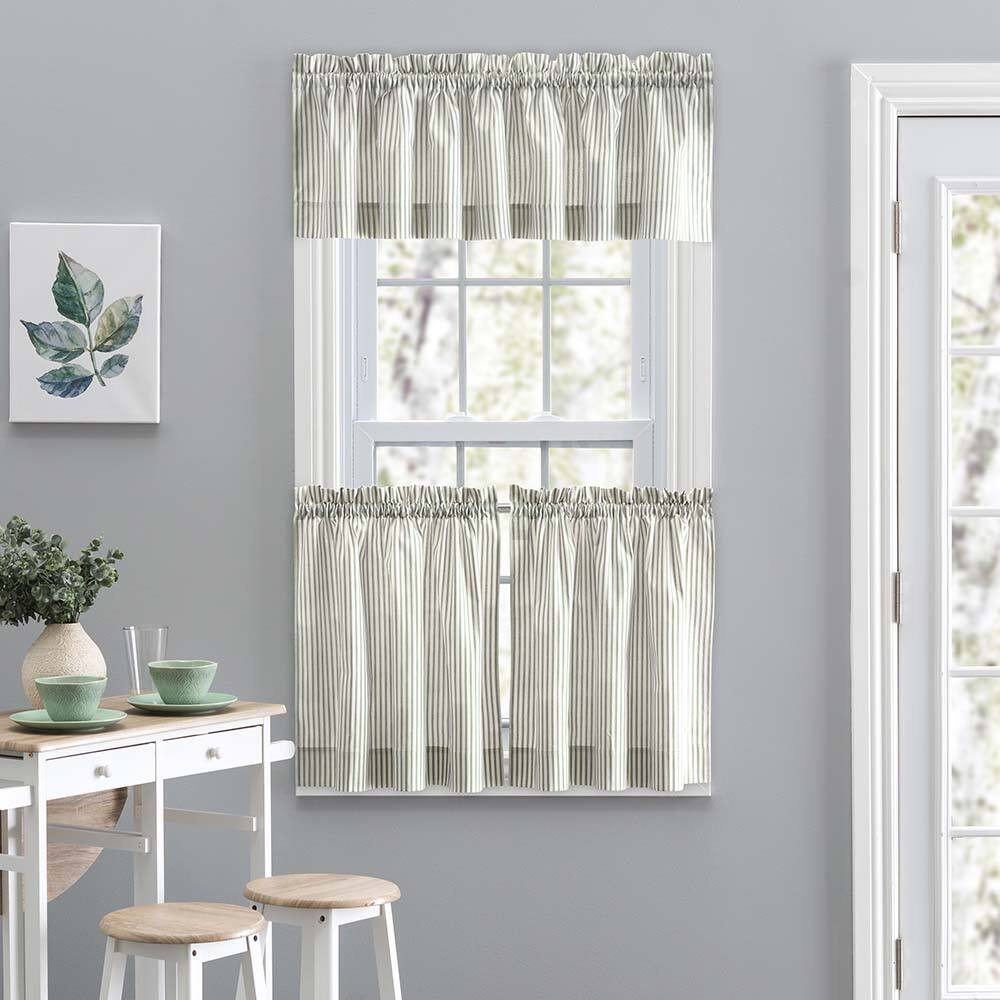 Left. Ellis Curtain - Ellis Curtain Plaza Classic Ticking Stripe Printed on 1.5" Rod Pocket Natural Ground Tailored Valance 58" x 15" Sage - Sage.