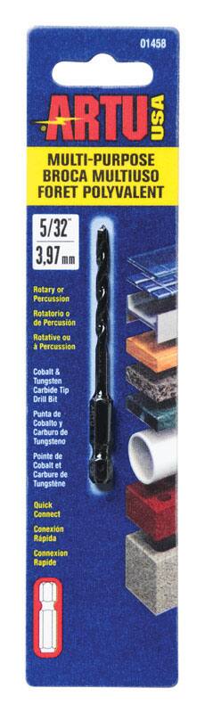 01458 ARTU USA MULTI-PURPOSE BROCA MULTIUSO FORET POLYVALENT  
5/32 3.97 mm  
Rotary or Percussion  
Rotatorio o de Percusión  
Rotative ou à Percussion  
Cobalt & Tungsten Carbide Tip Drill Bit  
Punta de Cobalto y Carburo de Tungsteno  
Pointe de Cobalt et Carbure de Tungstène  
Quick Connect  
Conexión Rápida  
Connexion Rapide