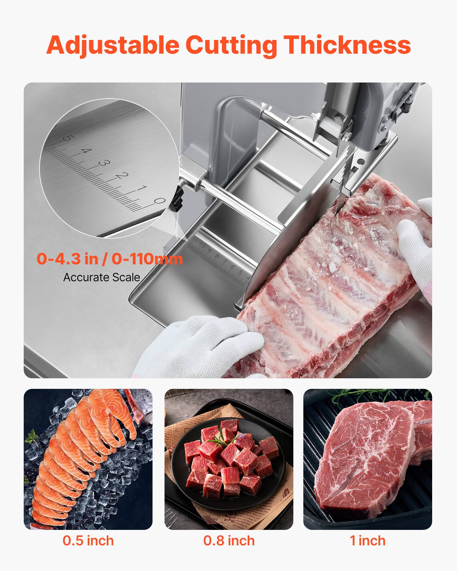 Adjustable Cutting Thickness

0-4.3 in / 0-110mm
Accurate Scale

0.5 inch
0.8 inch
1 inch