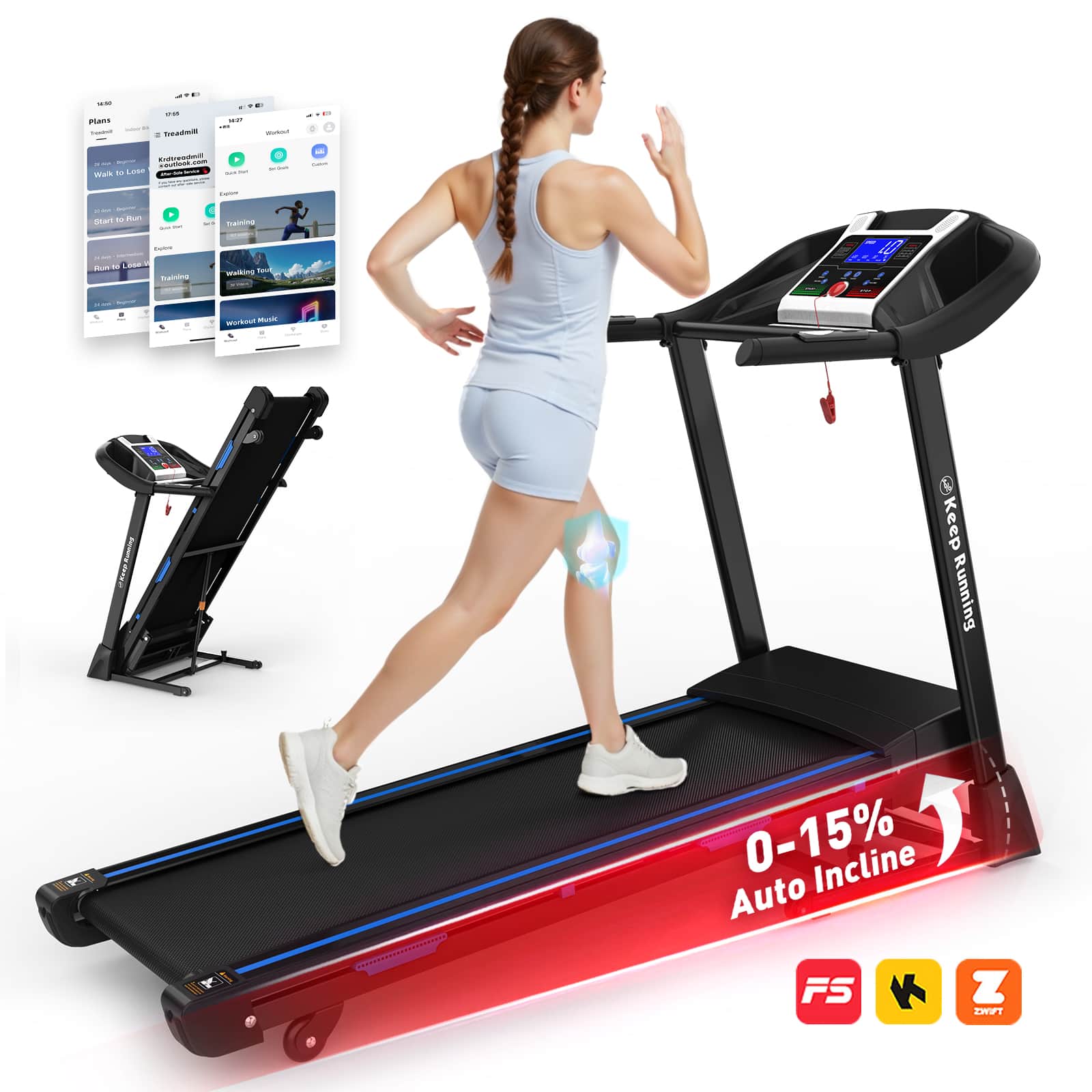 Siljoy - 3.5HP Foldable Home Treadmill: Auto Incline, Double Shock Absorption, Pulse Monitor, Bluetooth, FITSHOW APP - Black