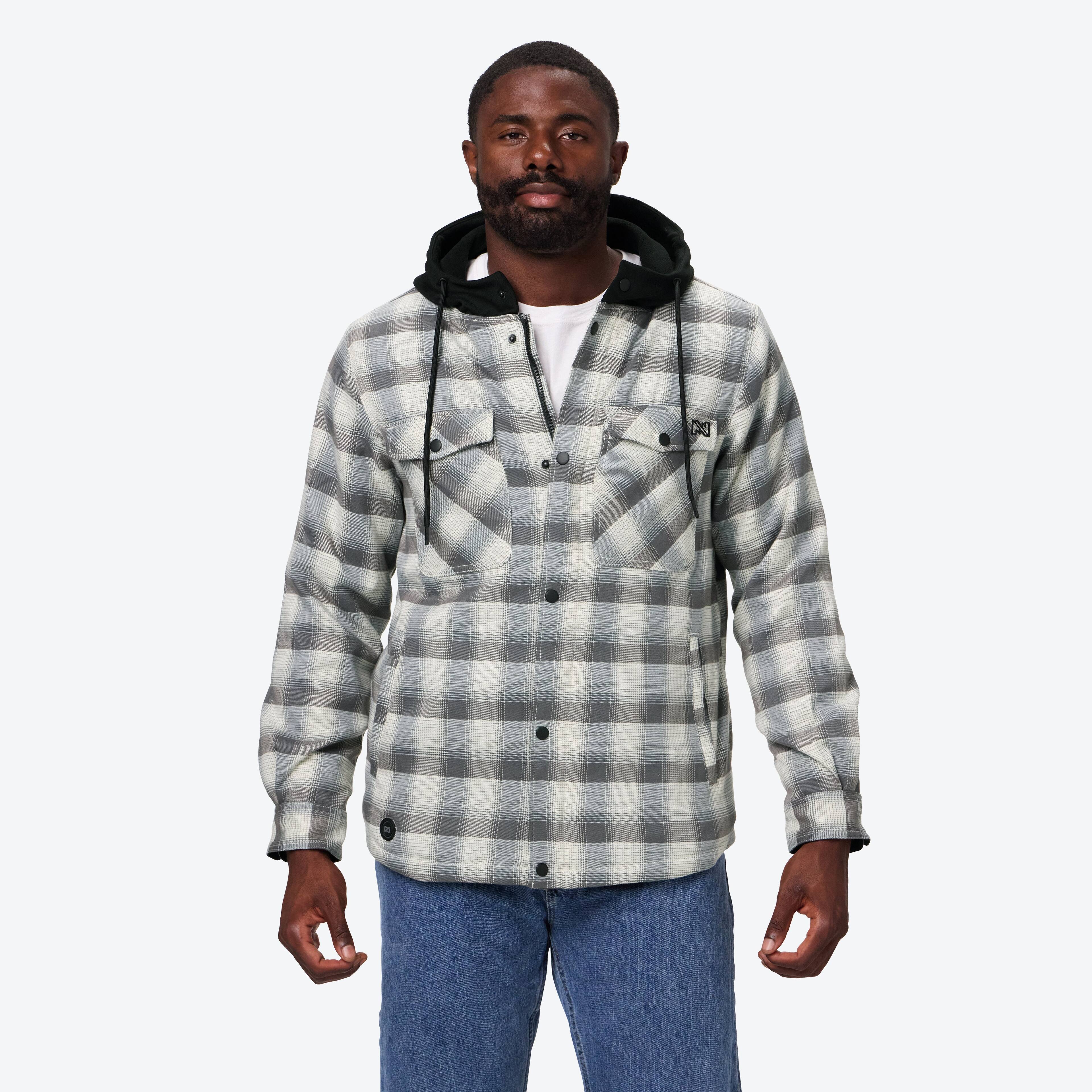 Alt View 5. Mobile Warming - Men's Flannel Heated Hoodie Jacket - Cream/Grey.