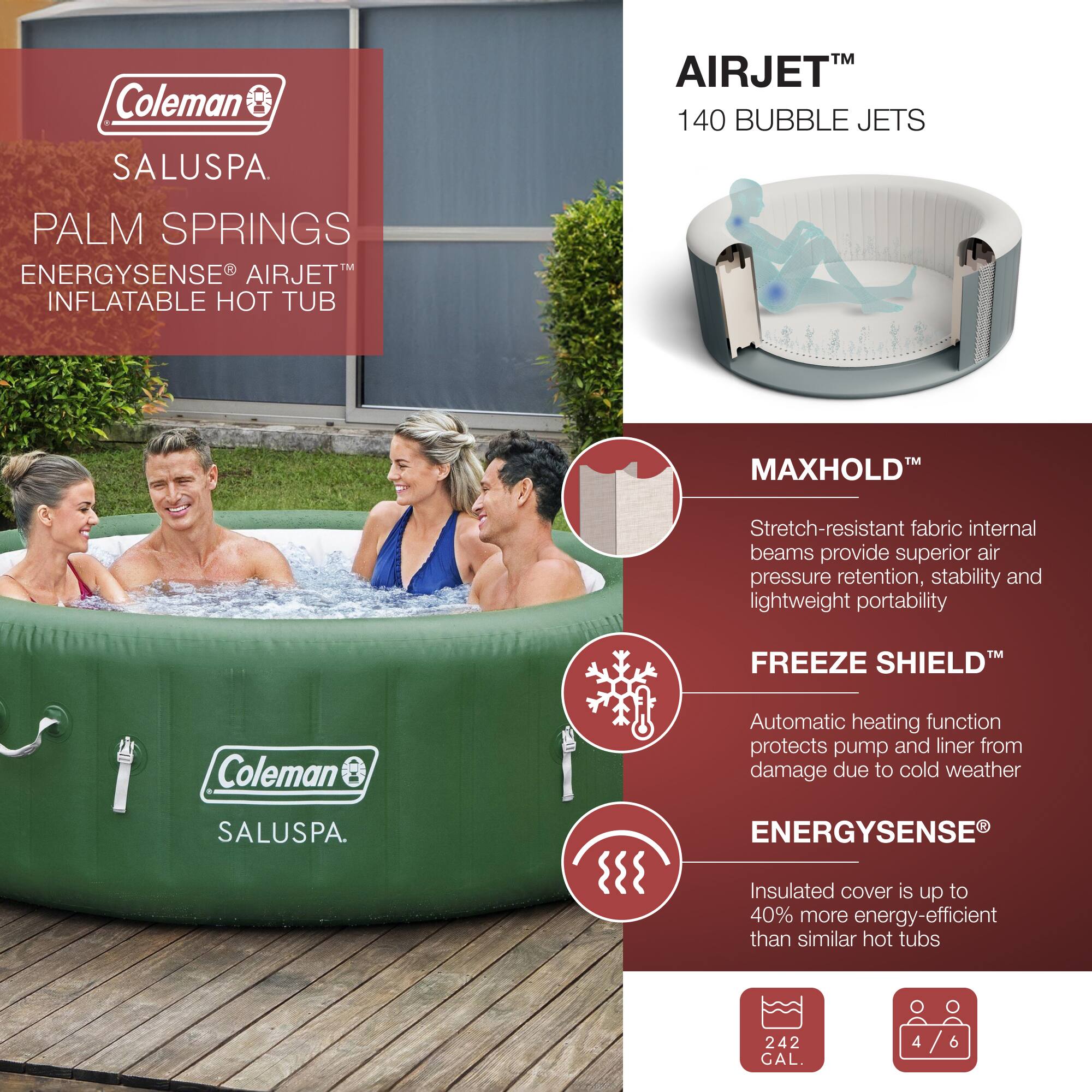 Coleman SALUSPA  
PALM SPRINGS ENERGYSENSE AIRJET INFLATABLE HOT TUB  

AIRJET™  
140 BUBBLE JETS  

MAXHOLD™  
Stretch-resistant fabric internal beams provide superior air pressure retention, stability and lightweight portability  

FREEZE SHIELD™  
Automatic heating function protects pump and liner from damage due to cold weather  

ENERGYSENSE®  
Insulated cover is up to 40% more energy-efficient than similar hot tubs  

242 GAL.  
4 / 6