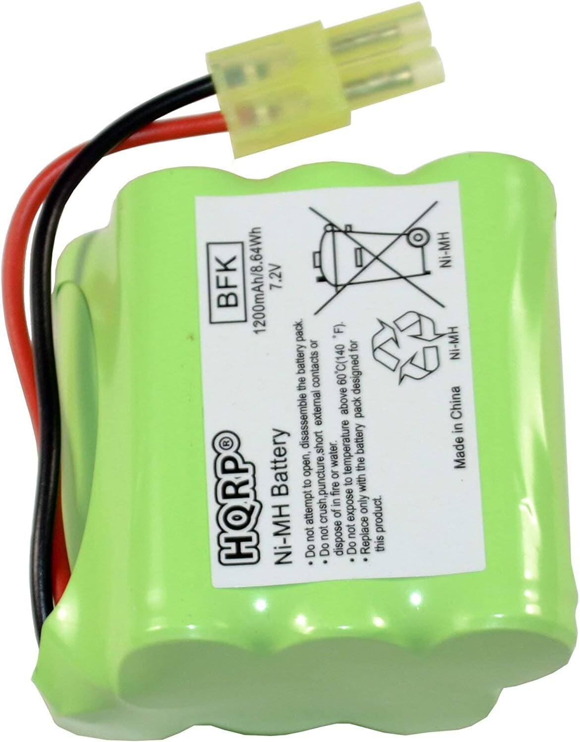 BFK 1200mAh/8.64Wh 7.2V pack. Do not disassemble. Do not expose to fire. Do not dispose of in water. Do not crush, puncture, or short. Do not attempt to open. Do not replace with a product other than Ni-MH. Made in China.