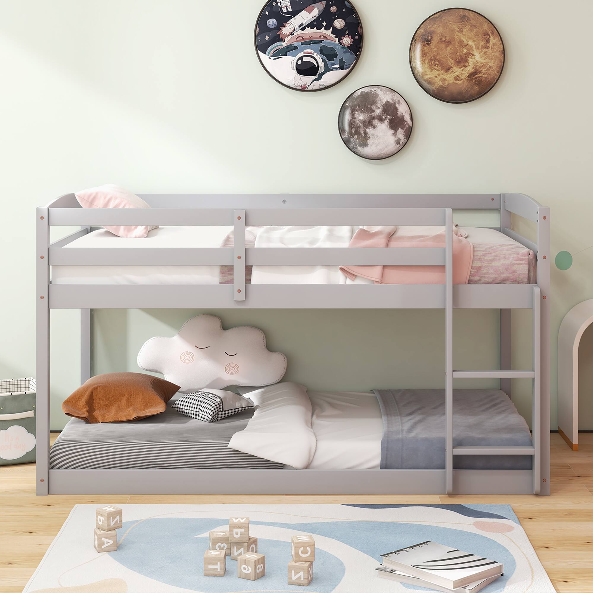 Alt View 4. Costway - Costway Twin over Twin Low Bunk Bed with Guardrails Integrated Ladder Kids Wooden - Grey.