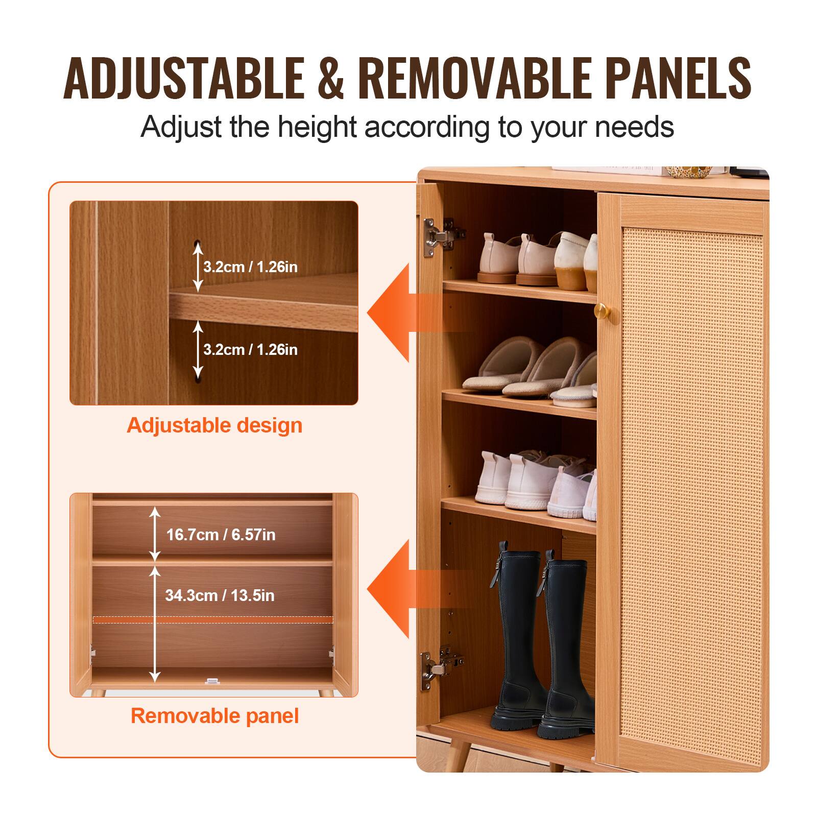 ADJUSTABLE & REMOVABLE PANELS  
Adjust the height according to your needs  

Adjustable design  
3.2cm / 1.26in  
3.2cm / 1.26in  

Removable panel  
16.7cm / 6.57in  
34.3cm / 13.5in