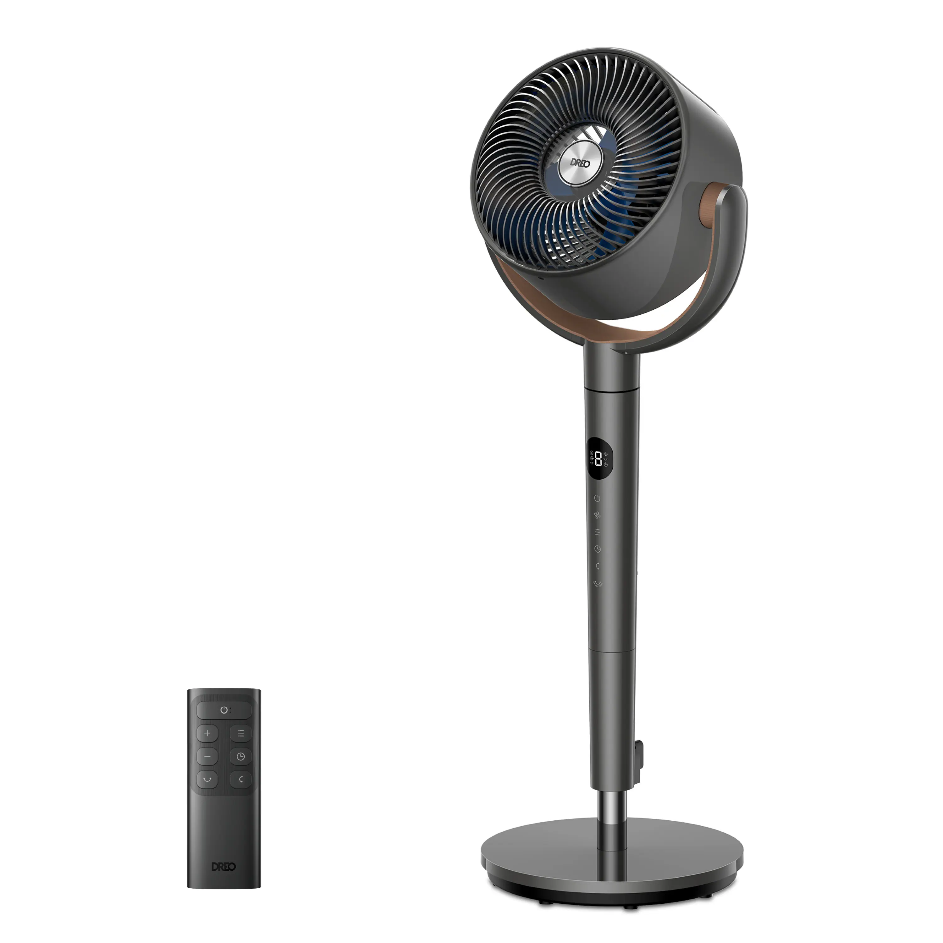 Front. Dreo - Standing Fan, 120°+120° Smart Oscillating Floor Fans, 85 ft Fan For Bedroom, DC Motor Quiet Fans, adjustable height - Grey.