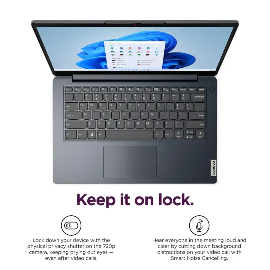Keep it on lock. Lock down your device with the physical privacy shutter on the 720p camera, keeping prying eyes even after video calls. Hear everyone in the meeting loud and clear by cutting down background distractions on your video call with Smart Noise Cancelling.