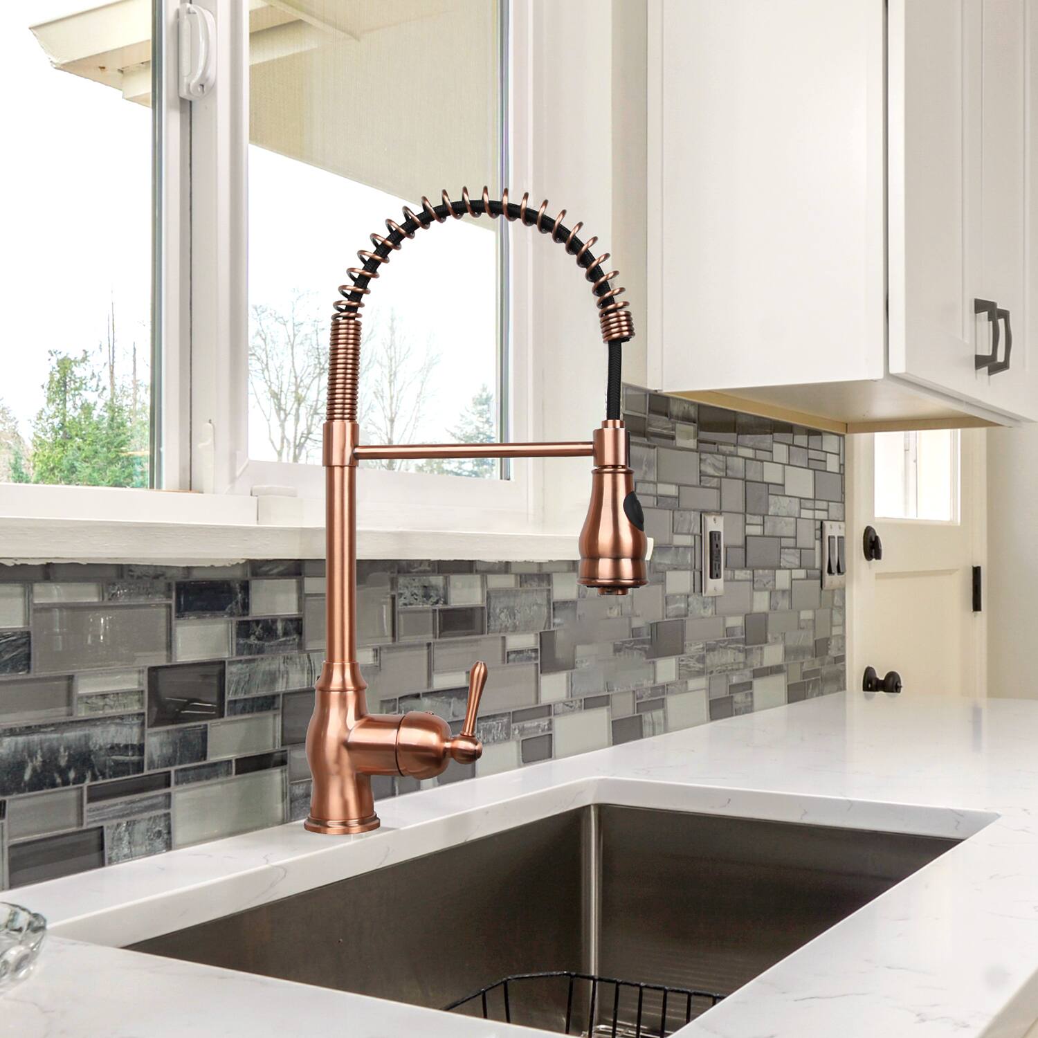 Alt View 4. Akicon - Akicon Pre-Rinse Spring 360° Swivel Solid Brass Single Handle Kitchen Faucet with Pull Down Sprayer in Copper - Copper.