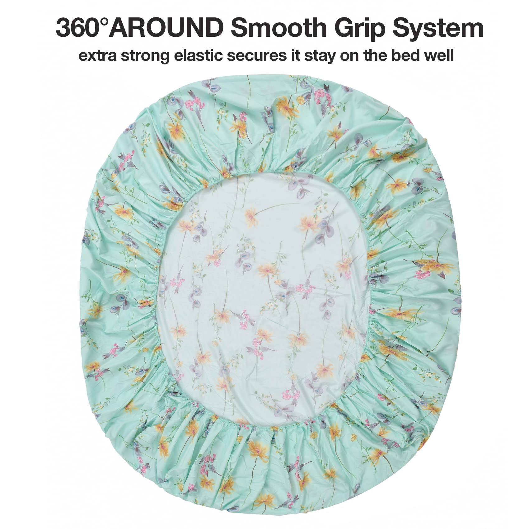 360° AROUND Smooth Grip System  
extra strong elastic secures it stay on the bed well