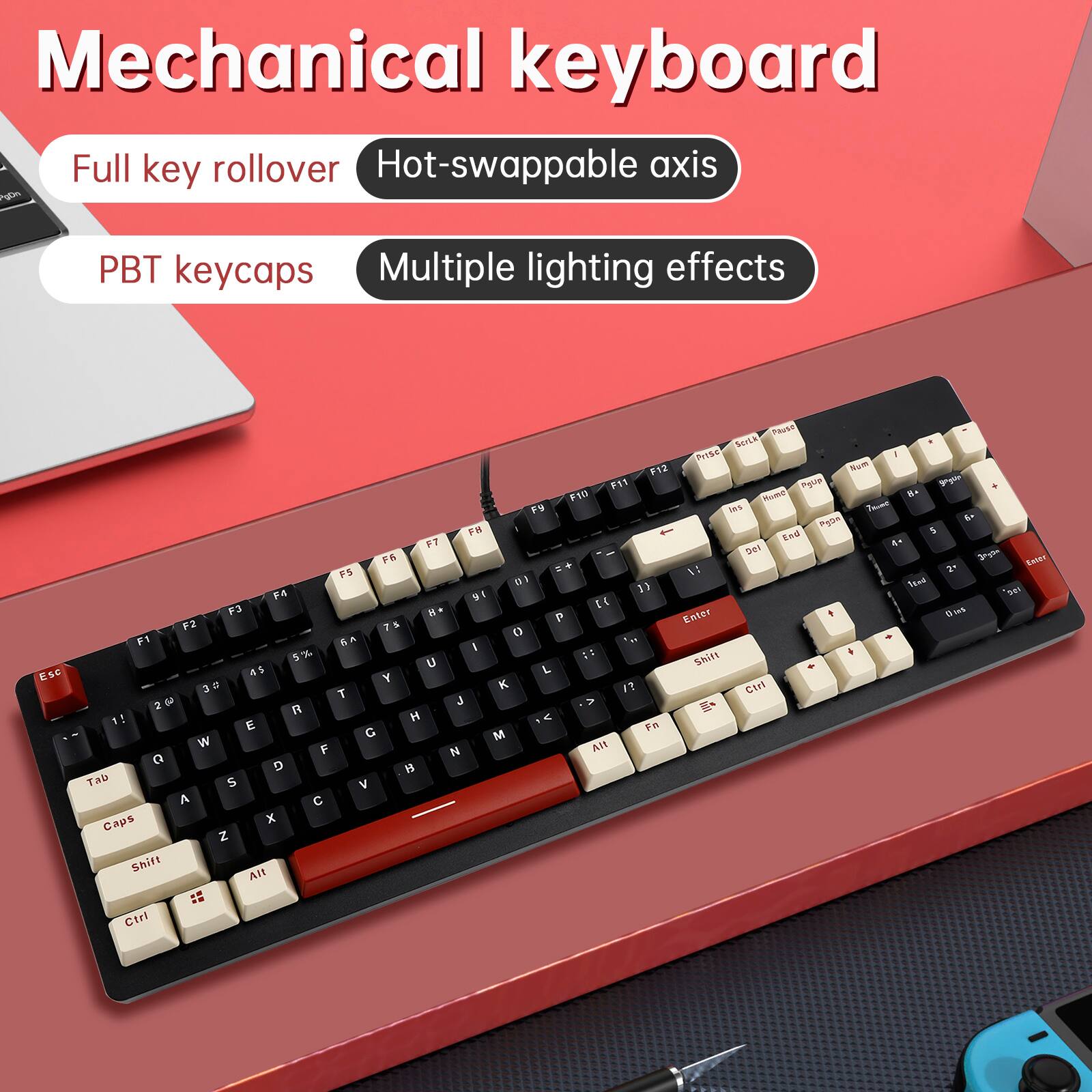 Mechanical keyboard  
Full key rollover  
Hot-swappable axis  
PBT keycaps  
Multiple lighting effects