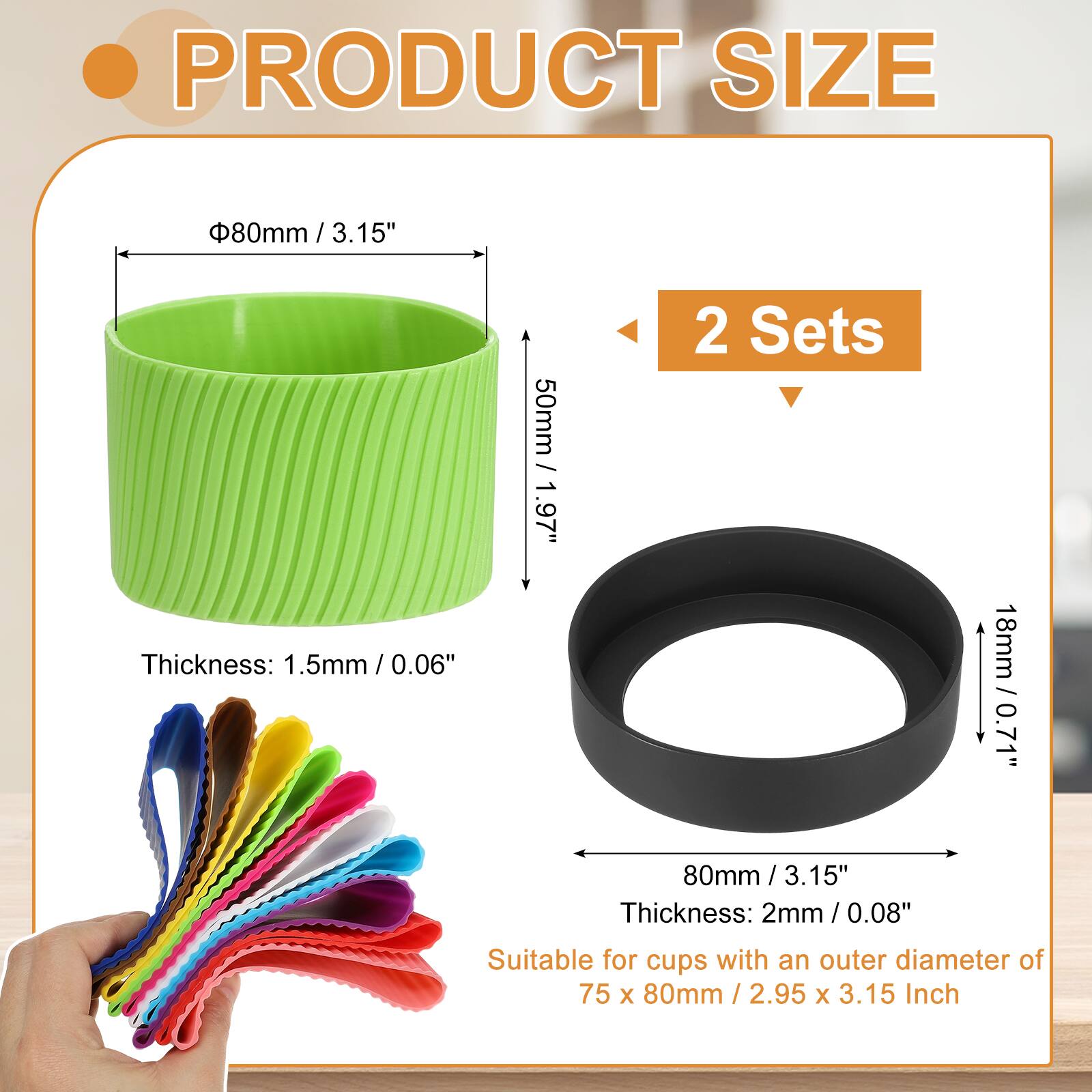 PRODUCT SIZE

- Diameter: 80mm / 3.15"
- Thickness: 1.5mm / 0.06"

2 Sets

- Diameter: 18mm / 0.71"
- Thickness: 2mm / 0.08"

Suitable for cups with an outer diameter of 75 x 80mm / 2.95 x 3.15 Inch