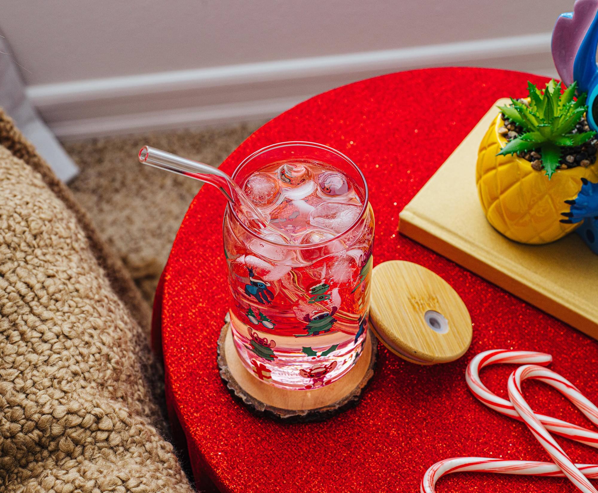 Alt View 3. Silver Buffalo - Disney Lilo & Stitch Holiday 16-Ounce Glass Tumbler With Bamboo Lid and Straw - Pink.